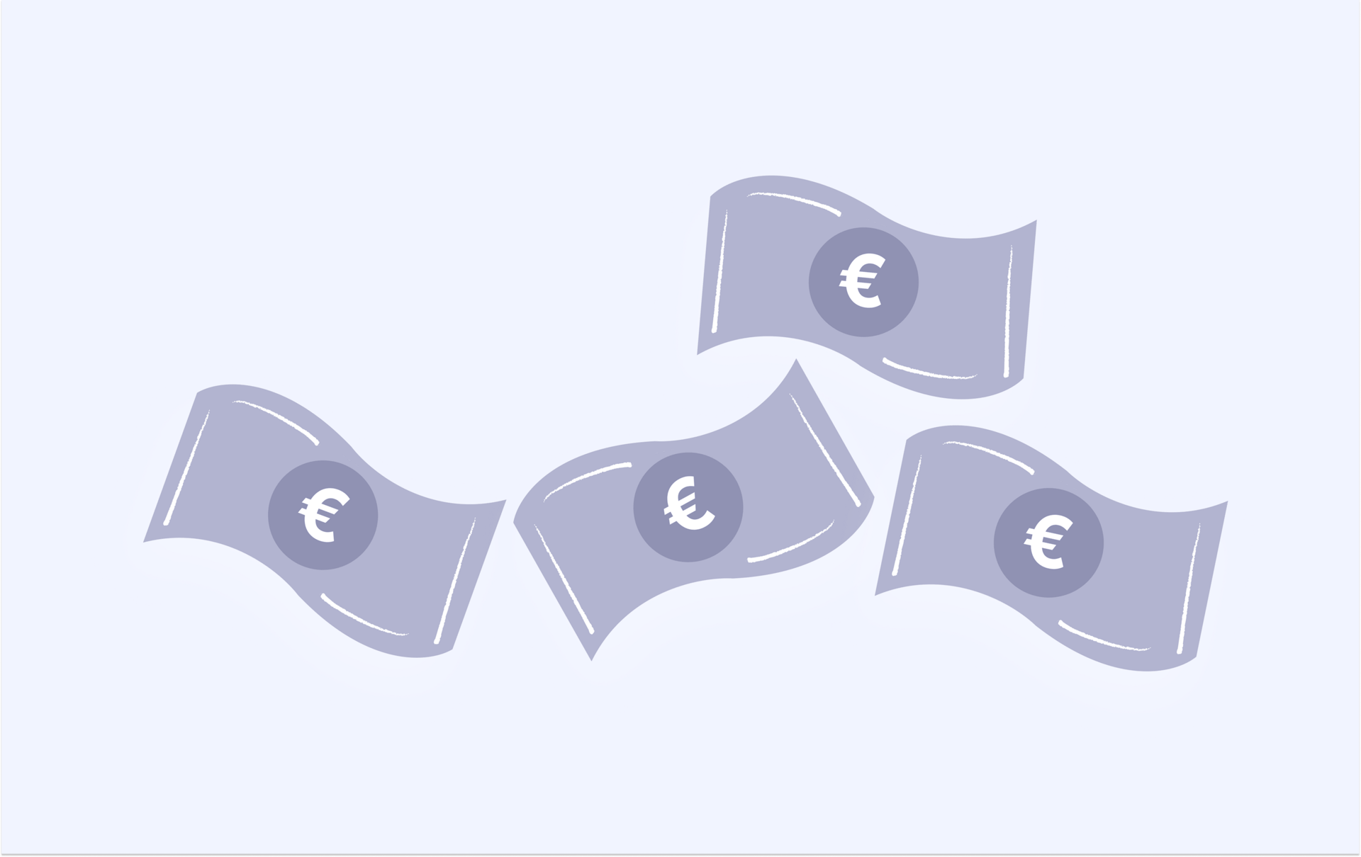 Four cartoon-style purple Euro banknotes with a euro symbol floating against a light background.