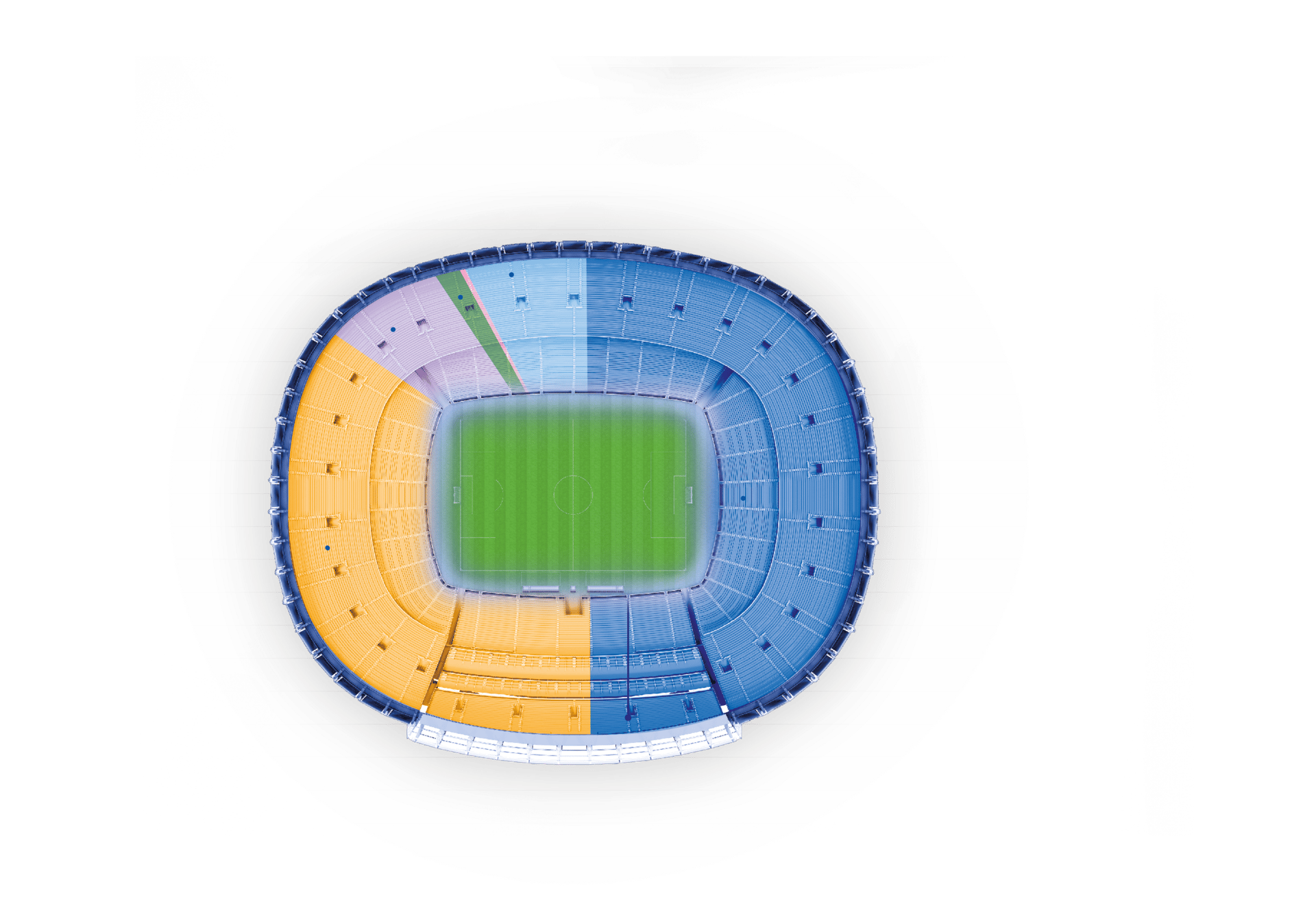Overhead view of a stadium with a green pitch and color-coded seating sections.