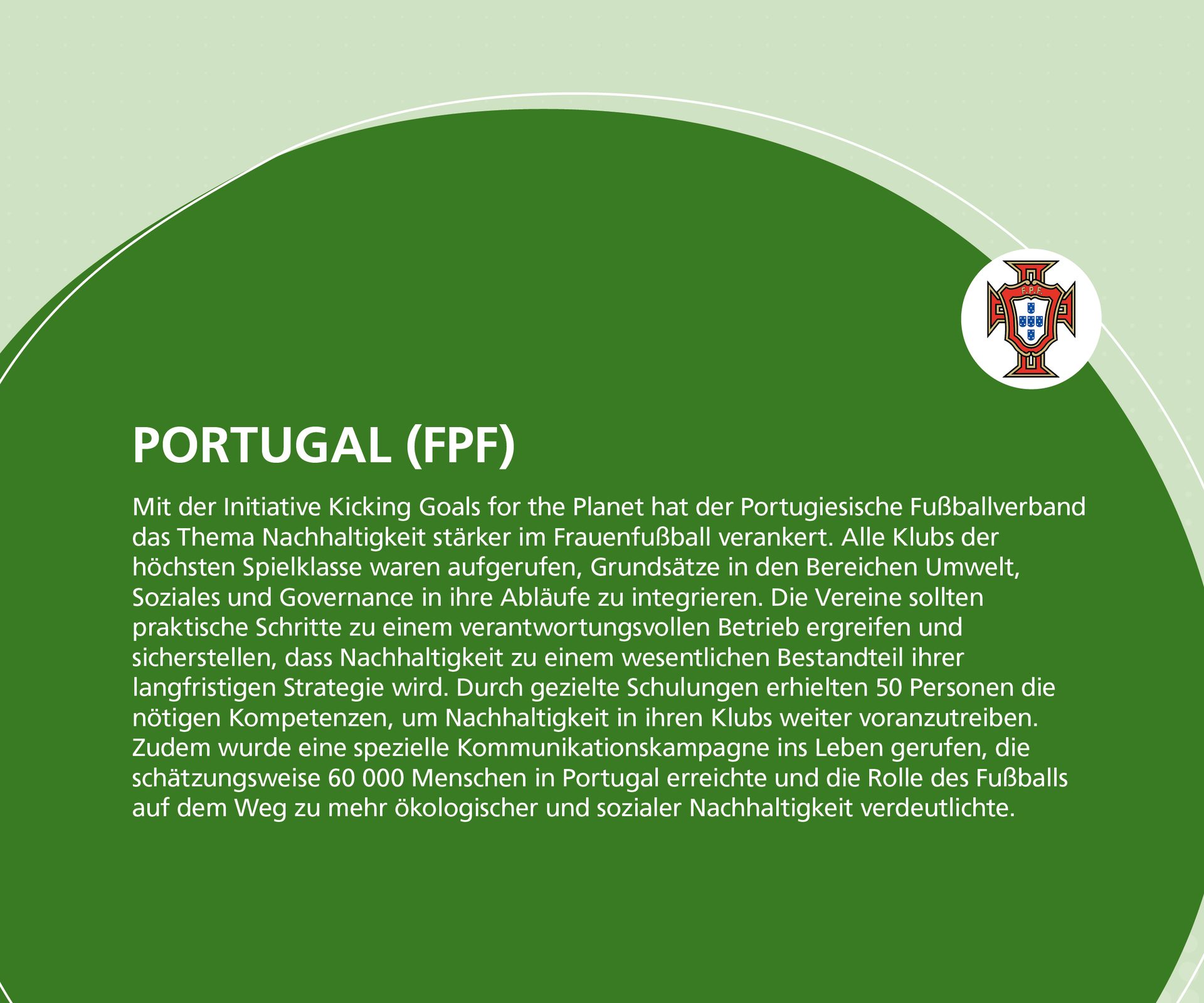 Text about the Portuguese Football Federation's sustainability initiative in women's football, with their logo.