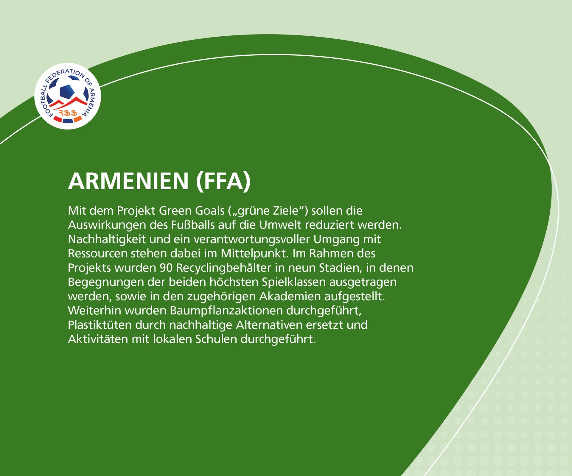 Armenian Football Federation's Green Goals project: reducing environmental impact, promoting sustainability.