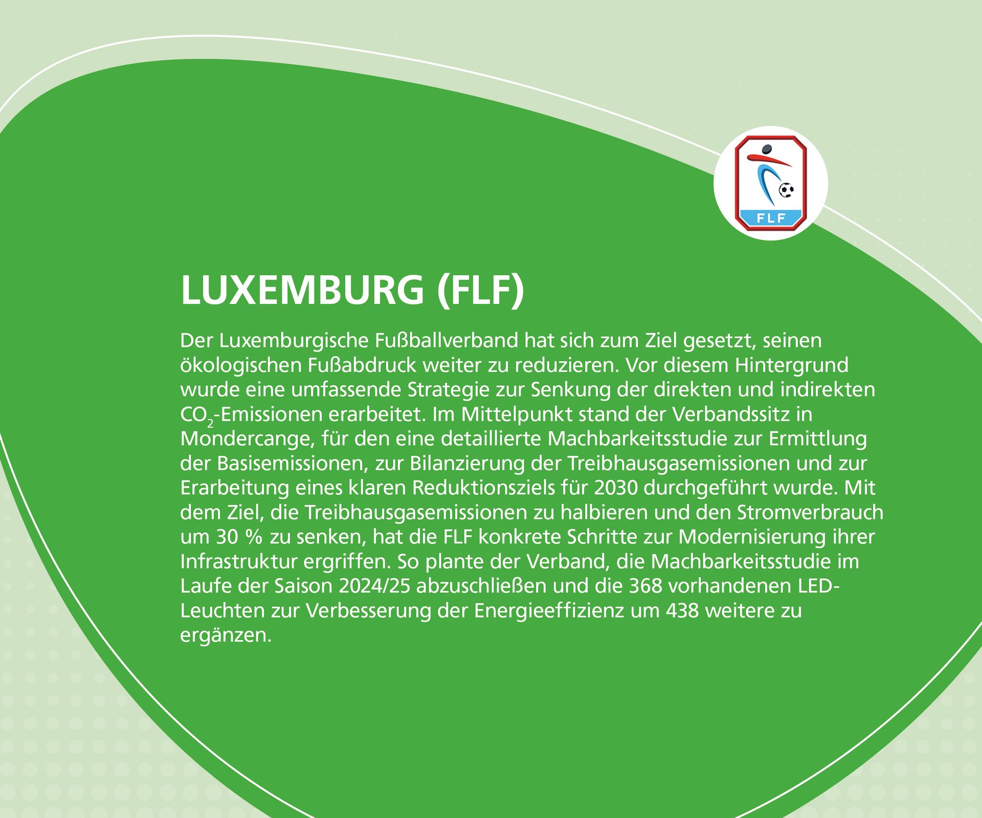 Luxembourg Football Federation's eco-strategy to reduce emissions and modernize infrastructure.