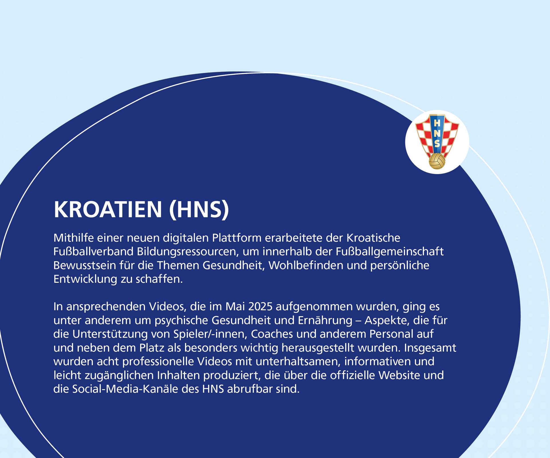 A blue graphic with the HNS logo and German text detailing educational resources on health and well-being.