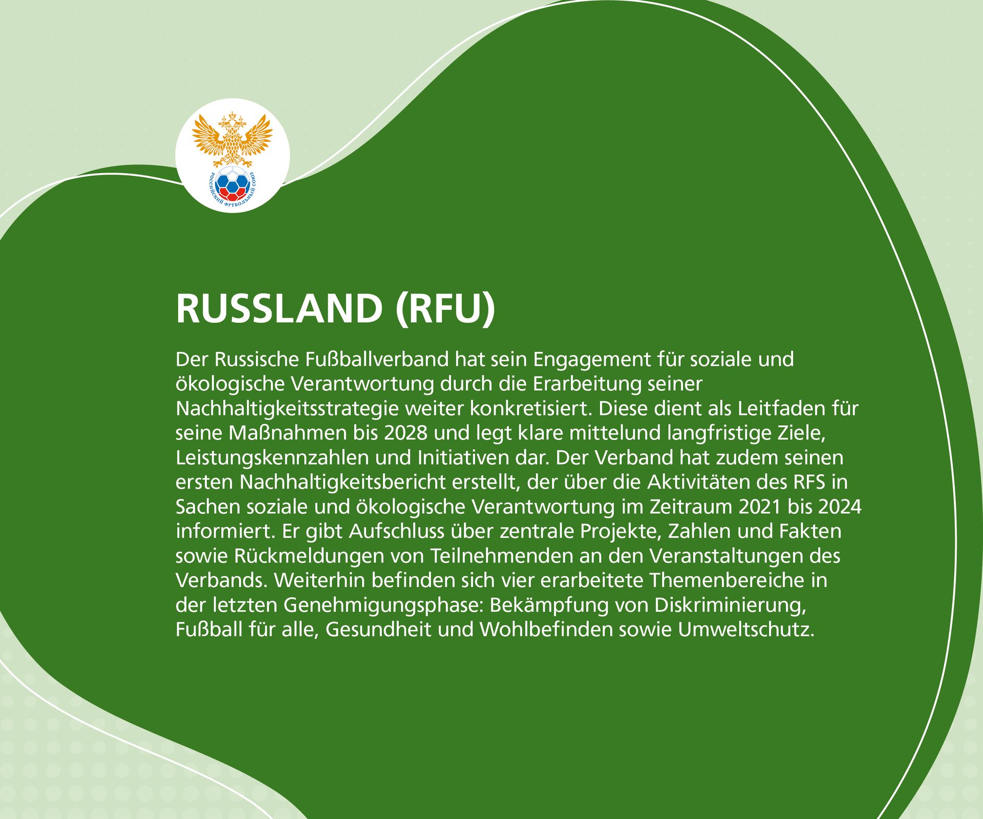 Text in German detailing the Russian Football Union's sustainability strategy and report, with key focus areas.
