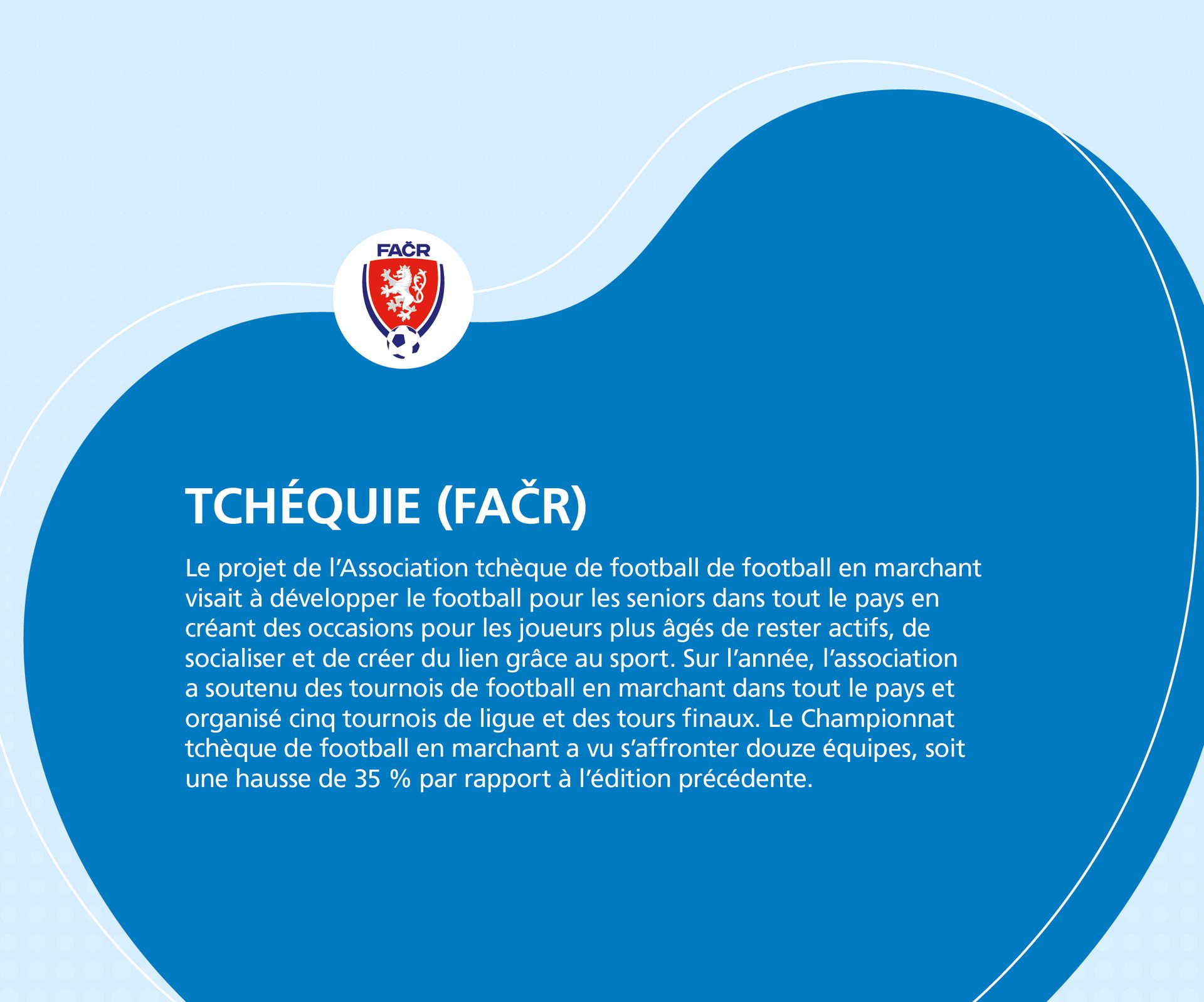 Information about Czech walking football development by FAČR, supporting tournaments and league.