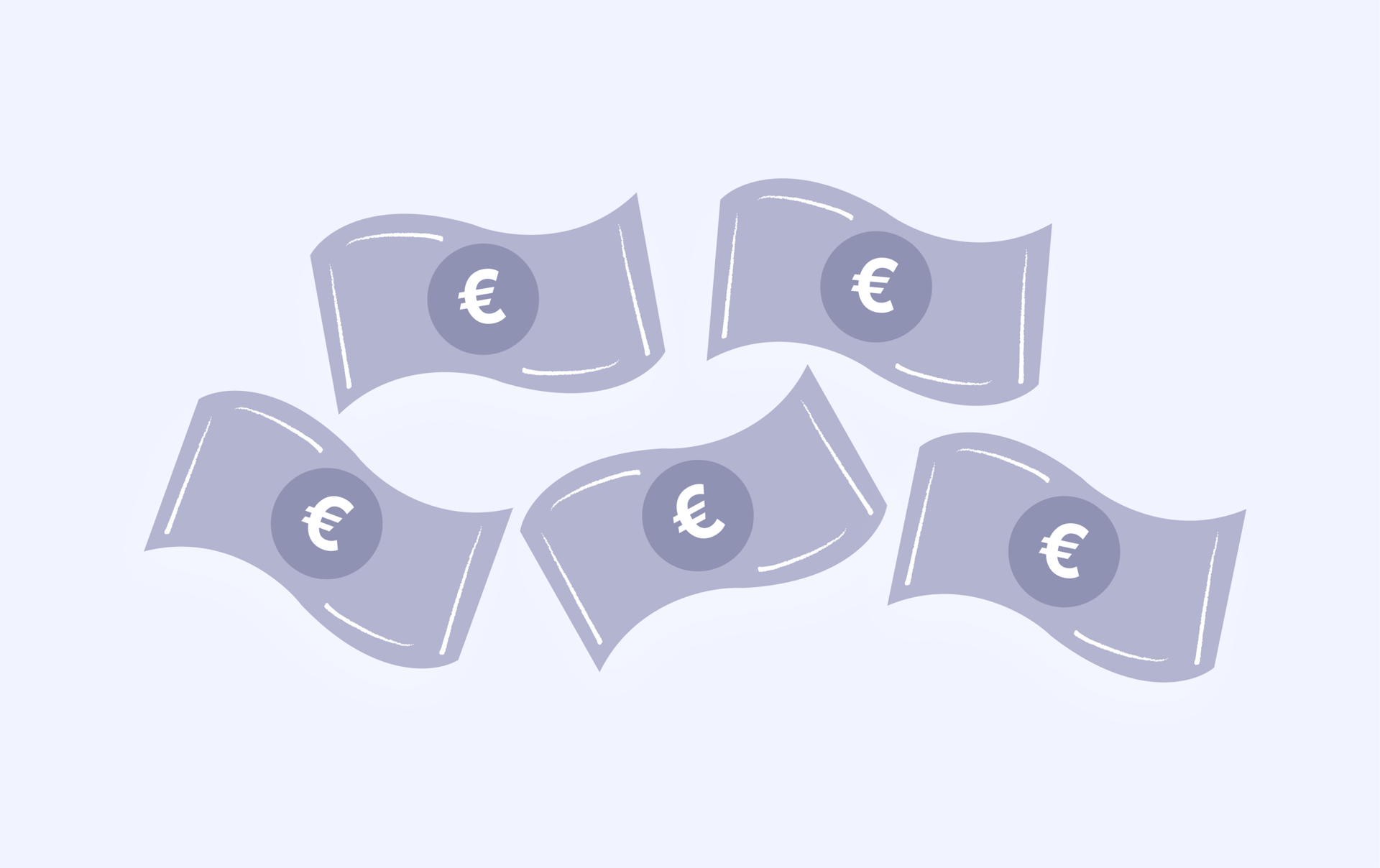Five stylized purple Euro banknotes scattered on a light background.
