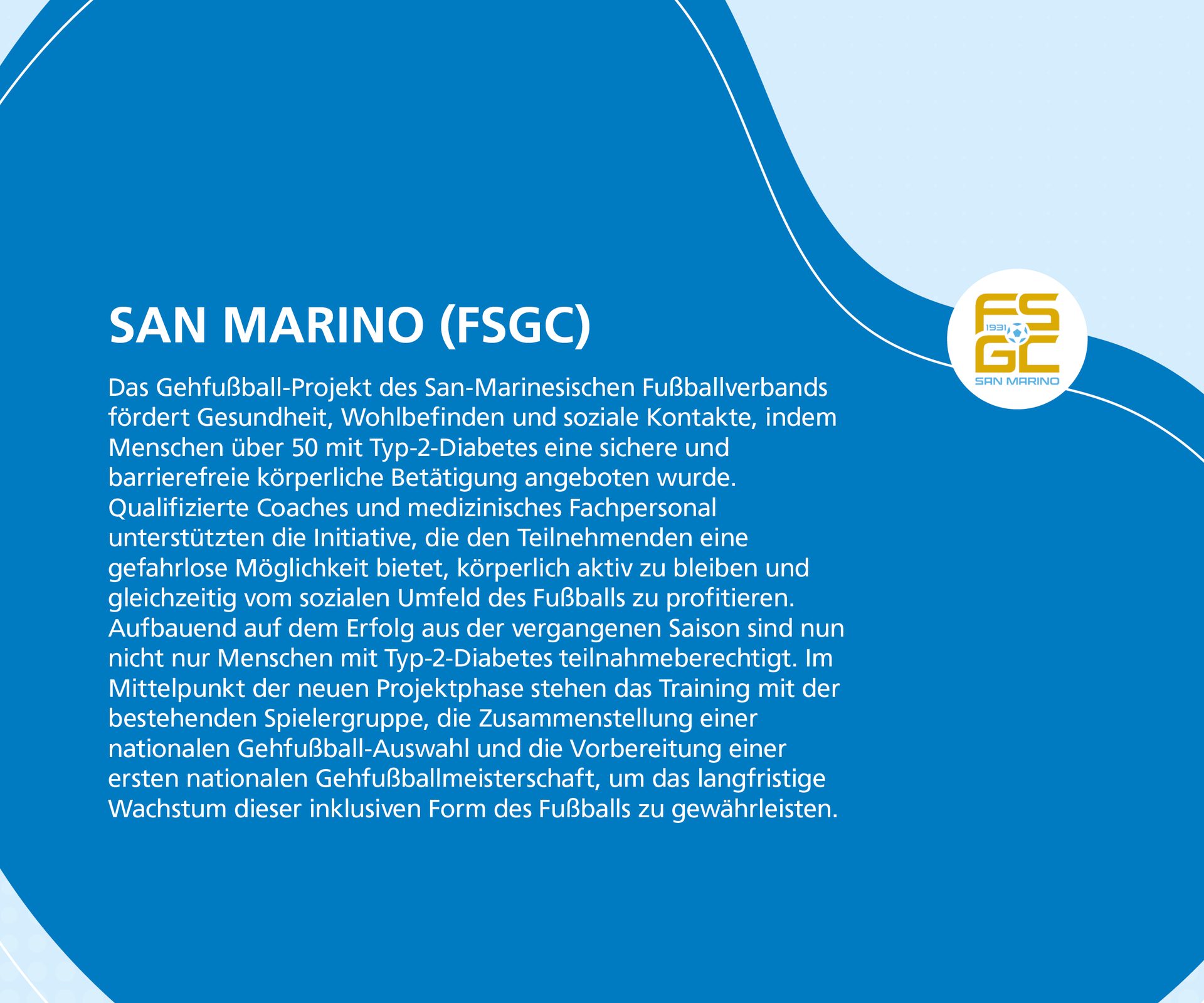 San Marino walking football project promotes health, well-being, and social contacts, with FSGC logo.