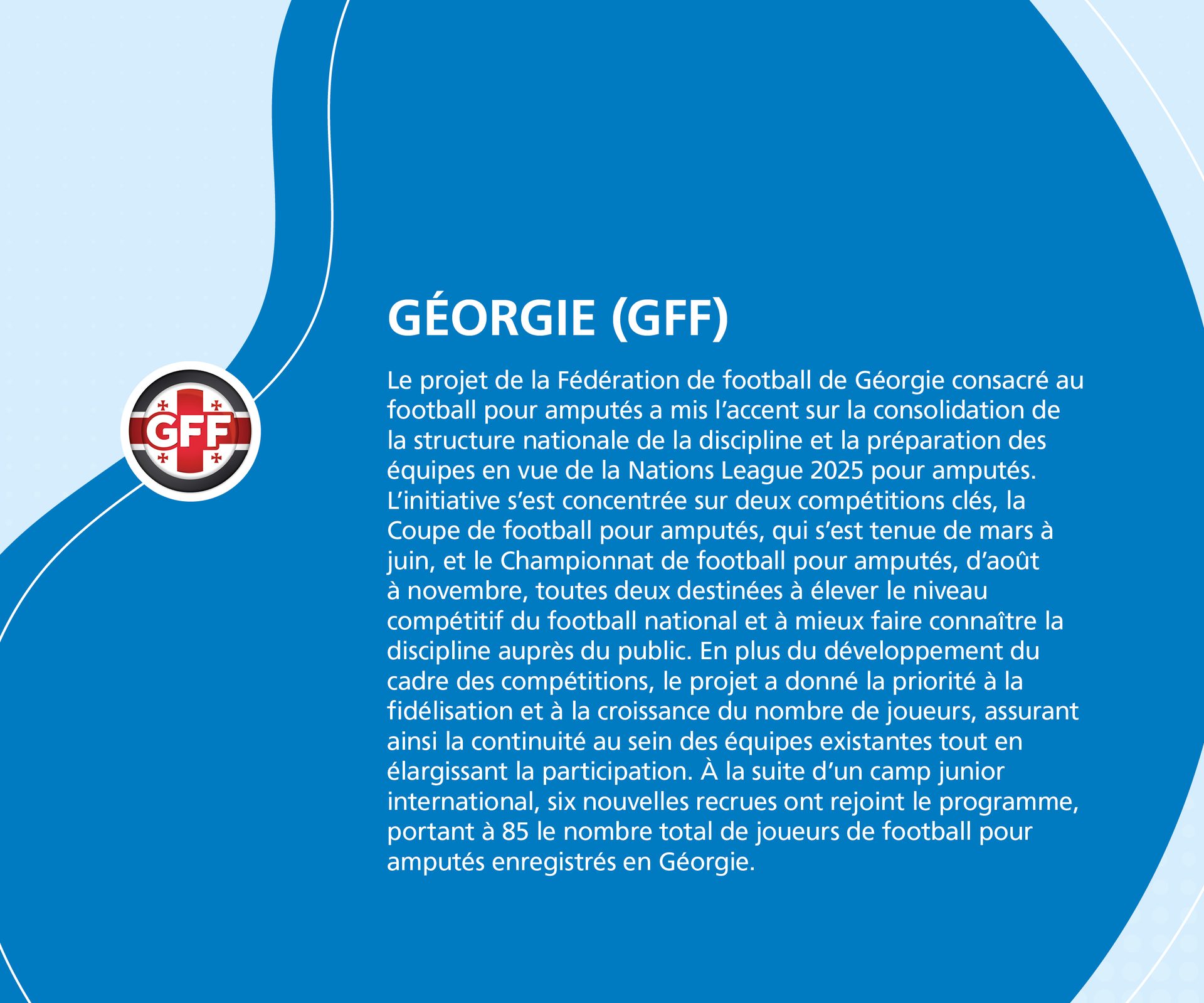 Details of Georgia's GFF amputee football project, including national structure, competitions, and player growth to 85.