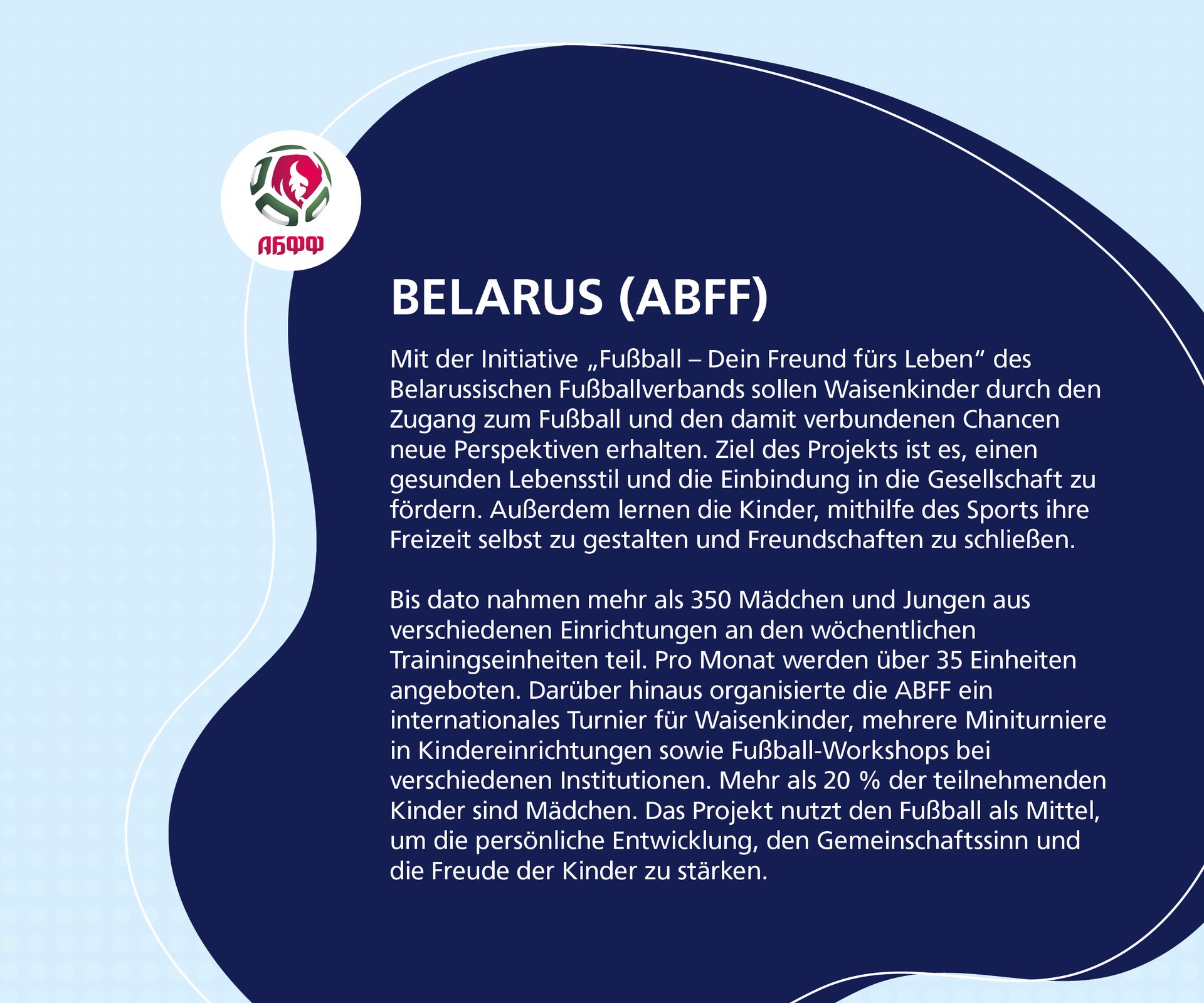 Text describing Belarus's ABFF football initiative for orphans, with a logo on a dark blue background.