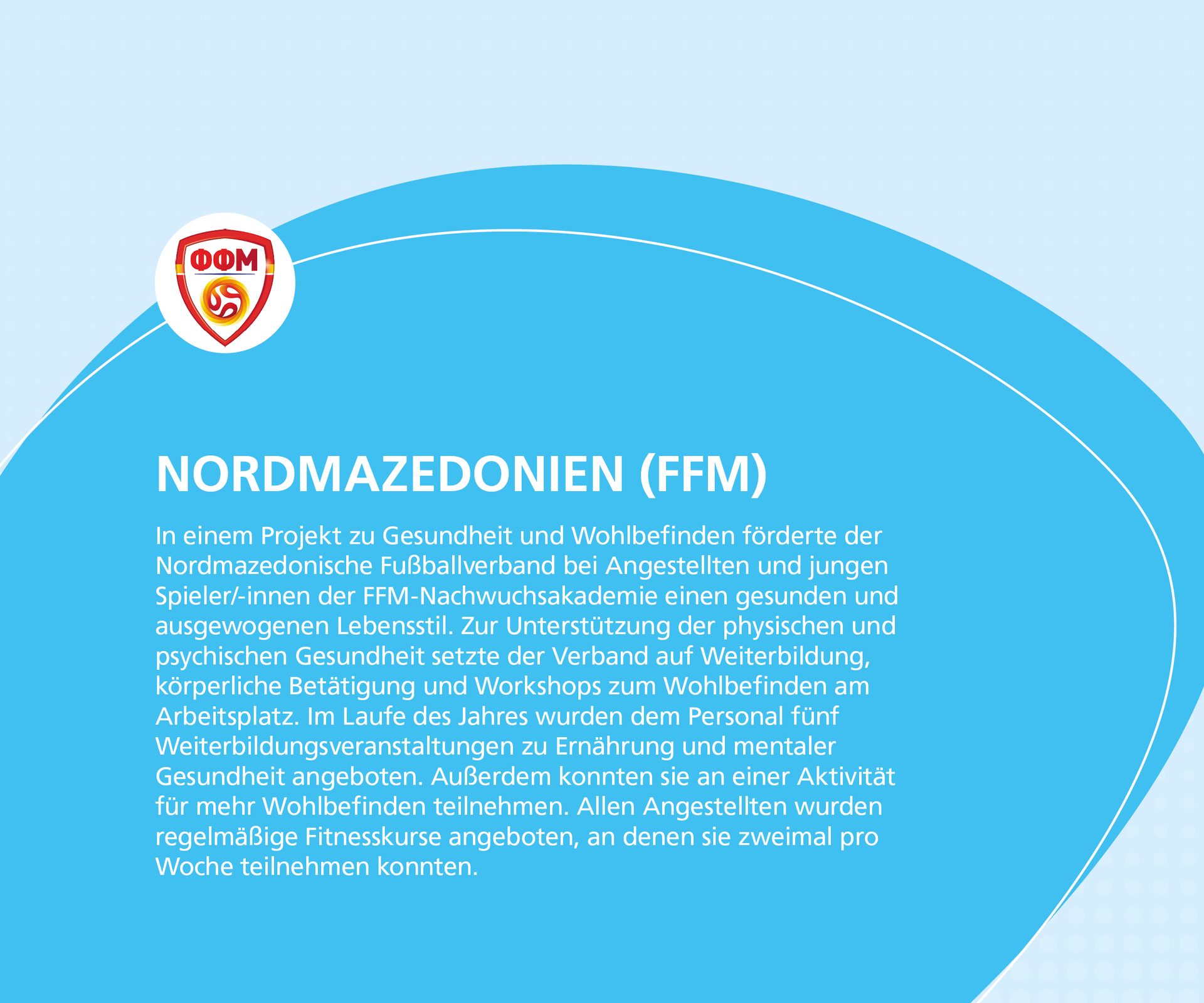 Text about North Macedonian Football Association's health project with logo on blue background.