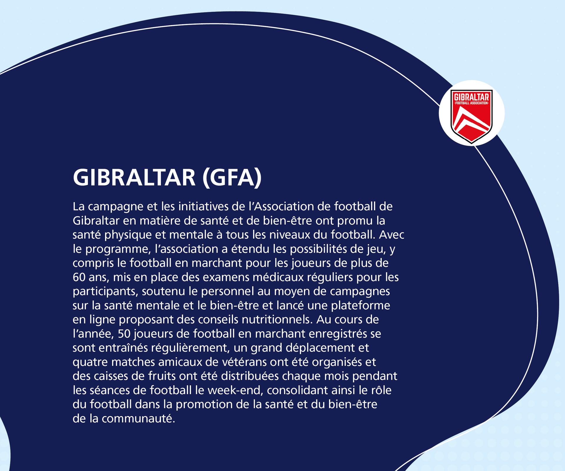 Gibraltar FA promotes health and well-being through football for all ages, including walking football and nutrition.