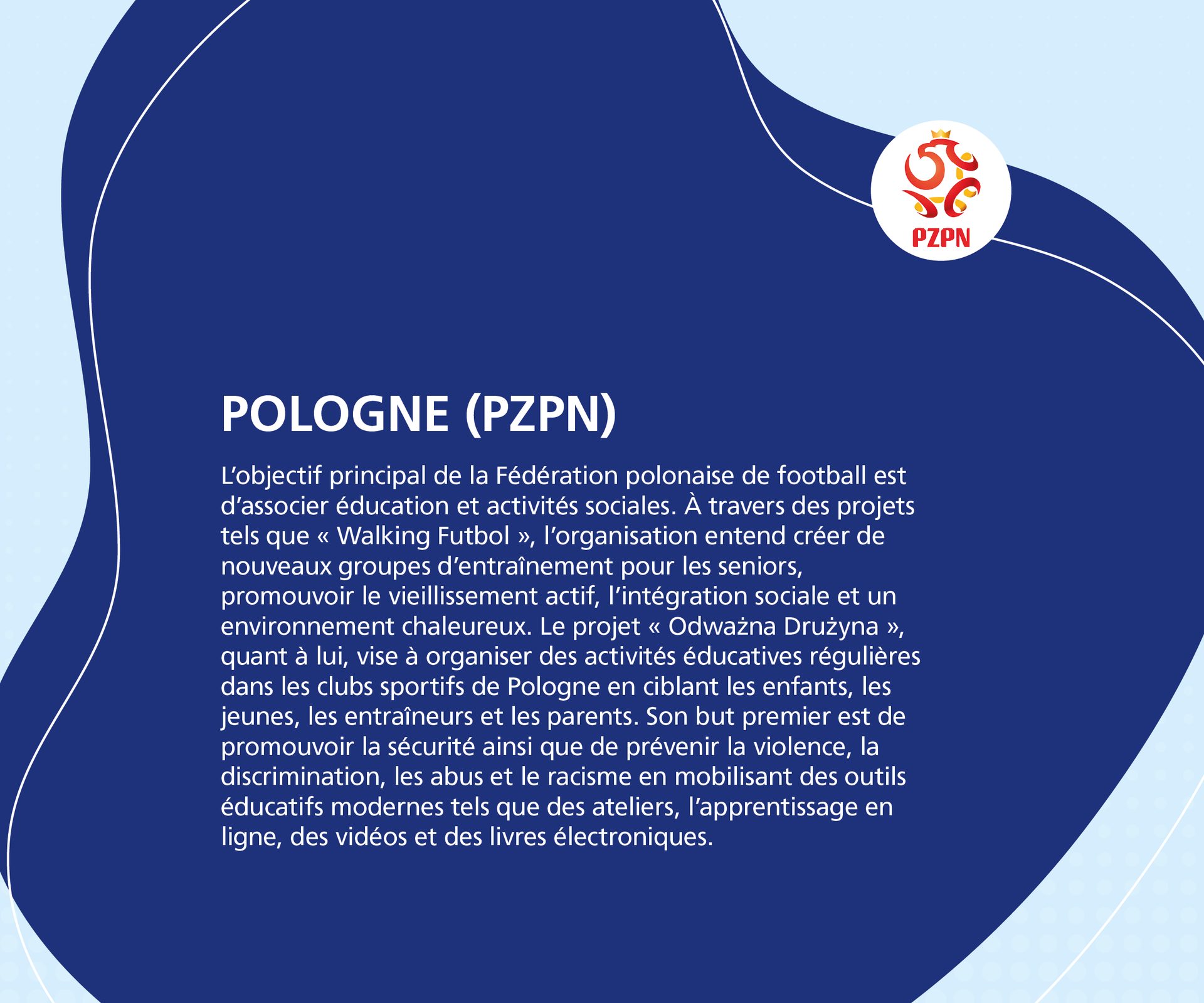 PZPN projects: education, social activities, active aging, preventing violence, discrimination, and racism in football.