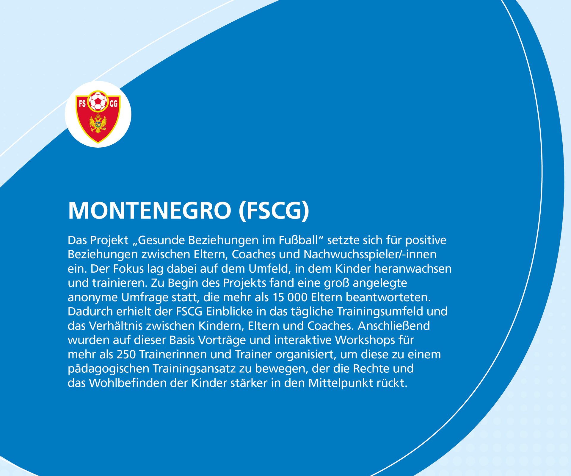 Logo for FSCG (Football Association of Montenegro) and text describing a project on healthy relationships in youth football.