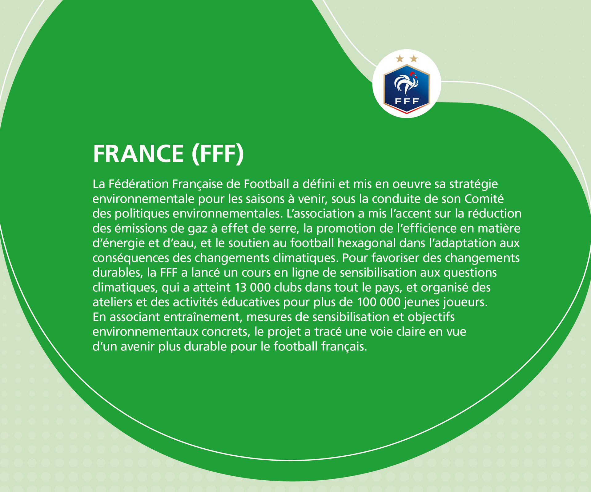 French Football Federation's environmental strategy focuses on emissions, energy, water, and climate adaptation.