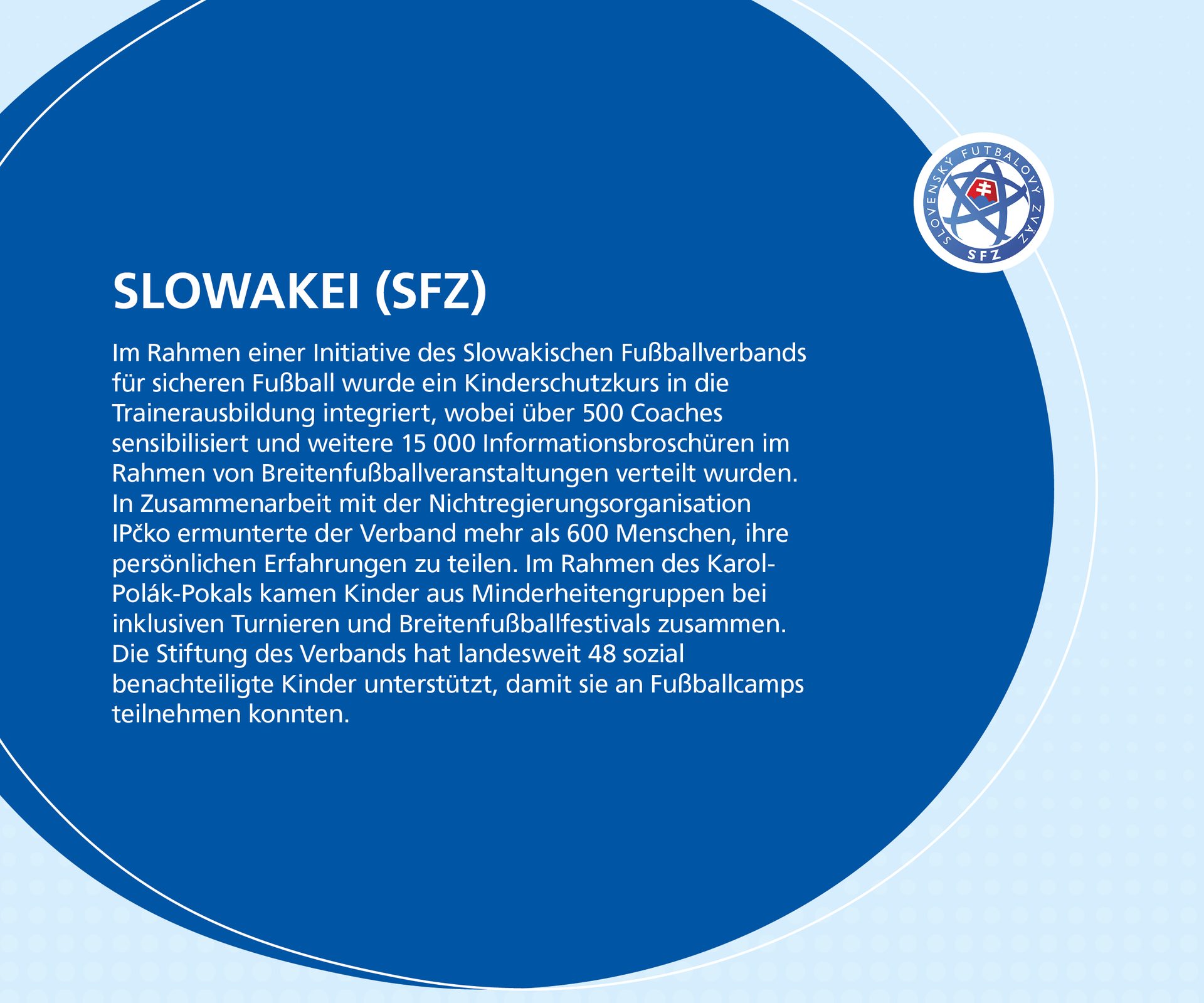 Slovak FA's child protection initiative: training, brochures, and support for disadvantaged children.