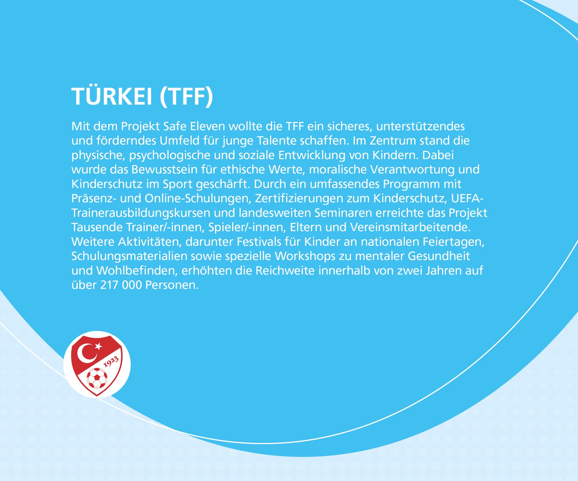 German text about TFF's 'Safe Eleven' child protection project in sports, with the TFF logo.