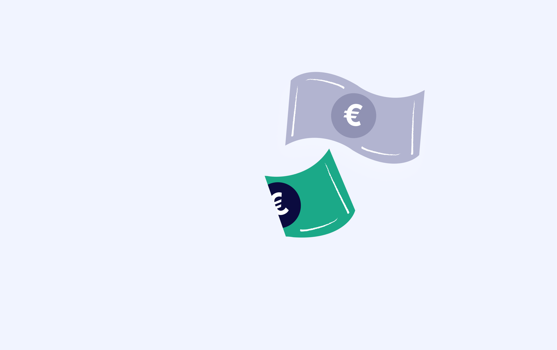 Two stylized Euro banknotes, one green and one grey, floating.