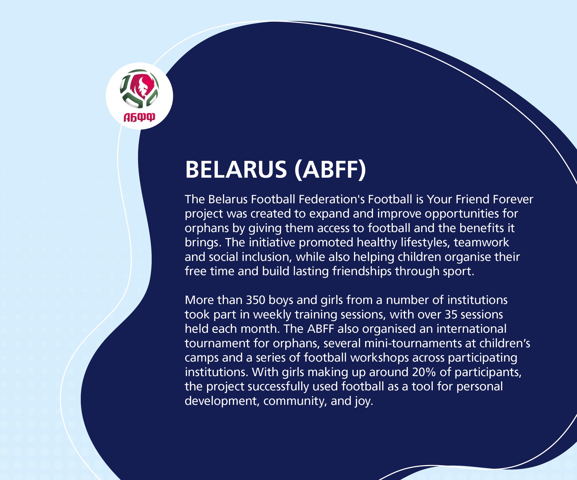 ABFF logo and text: "Football is Your Friend Forever" project for orphans, promoting development via sport.