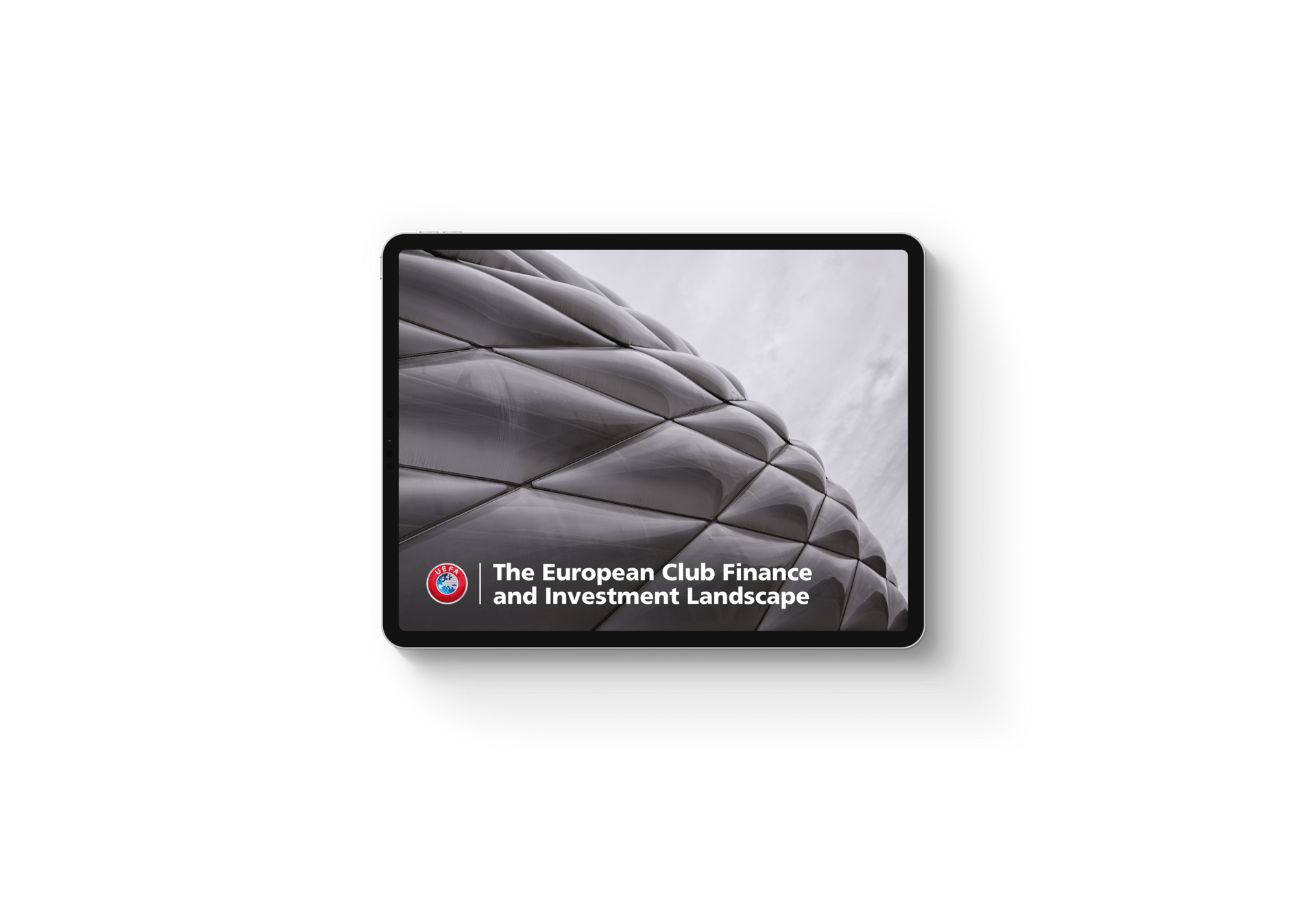 Tablet displaying a UEFA document, 'The European Club Finance and Investment Landscape', against a modern stadium facade.