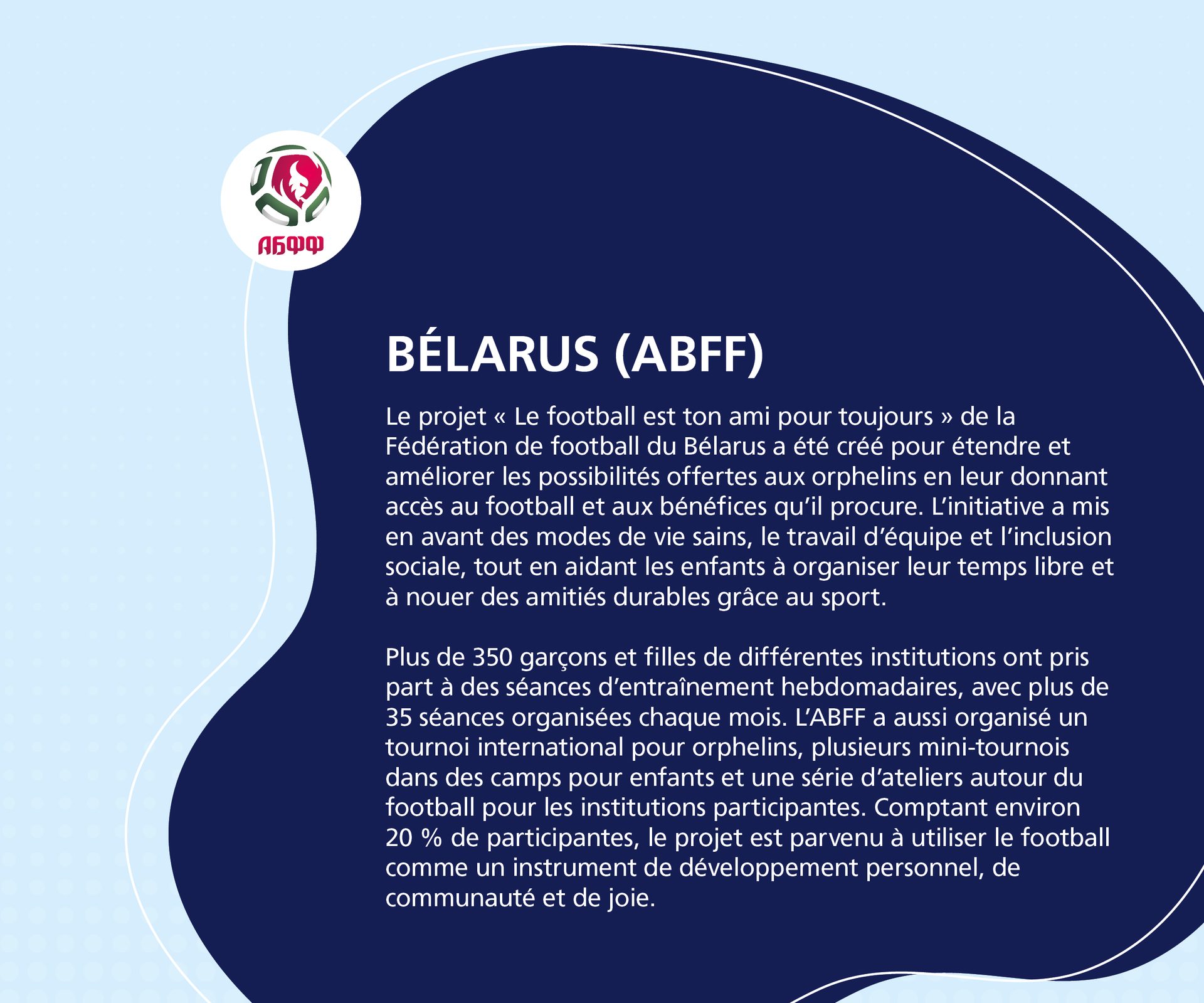 Belarus ABFF project uses football for orphans' development, social inclusion, and healthy living.