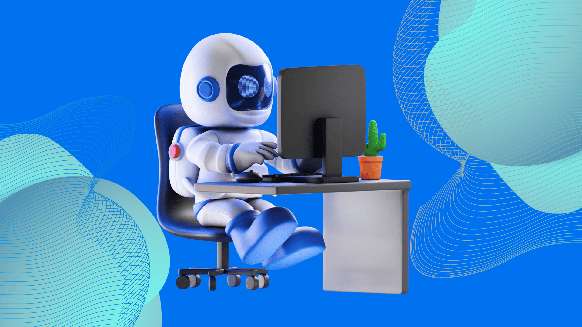 A white and blue cartoon robot sits at a desk, using a computer, against a blue background.