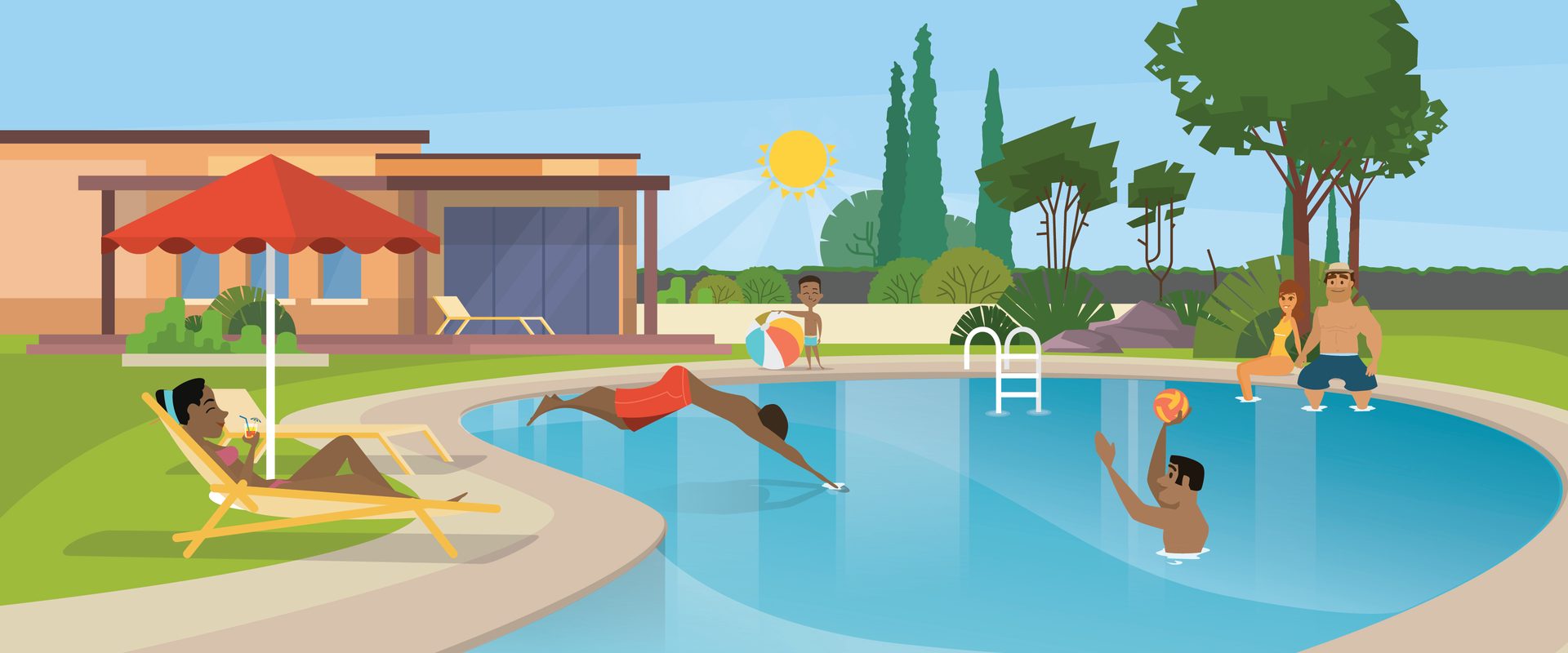 A vibrant illustration of people enjoying a sunny day by a swimming pool, relaxing and playing games.