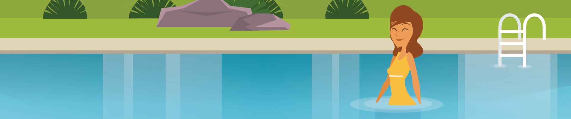 An illustration of a woman in a yellow swimsuit standing in a swimming pool with a garden background.