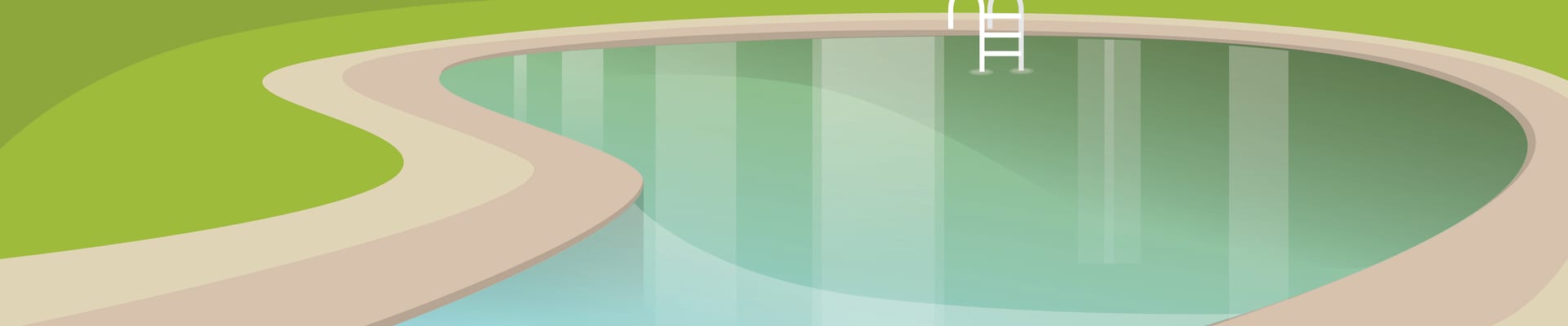 An illustration of a curved swimming pool with clear blue-green water and a white ladder, surrounded by green grass.