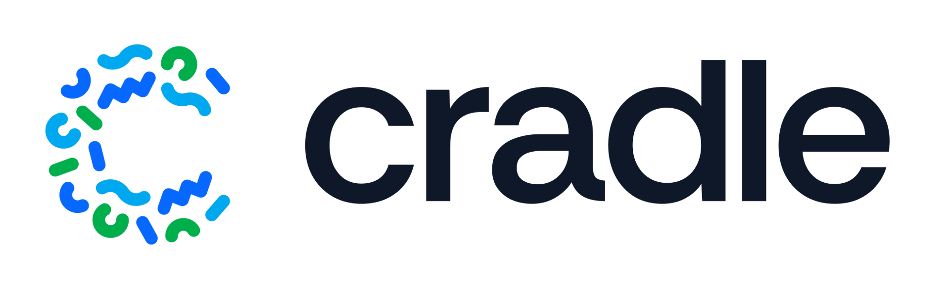 Cradle logo featuring an abstract 'C' symbol made of blue and green shapes, and the word 'cradle'.
