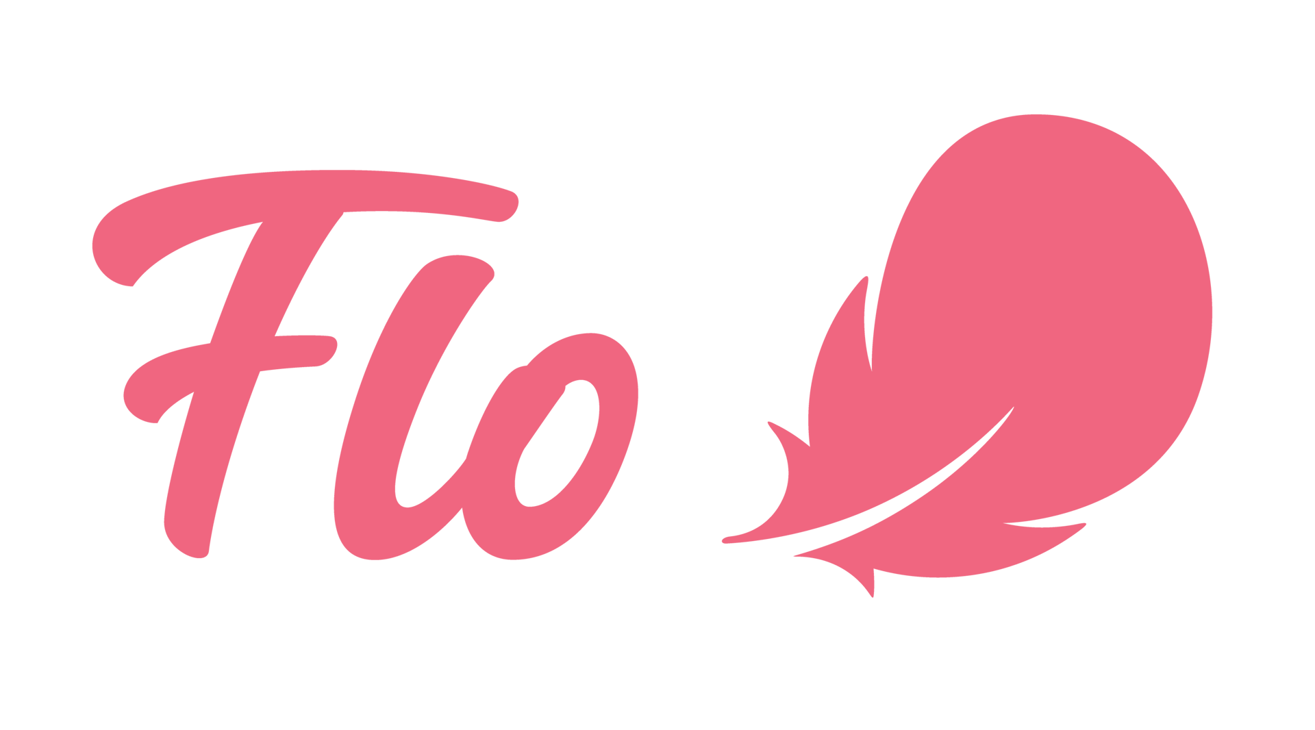 Pink "Flo" text and a feather logo on a green background.