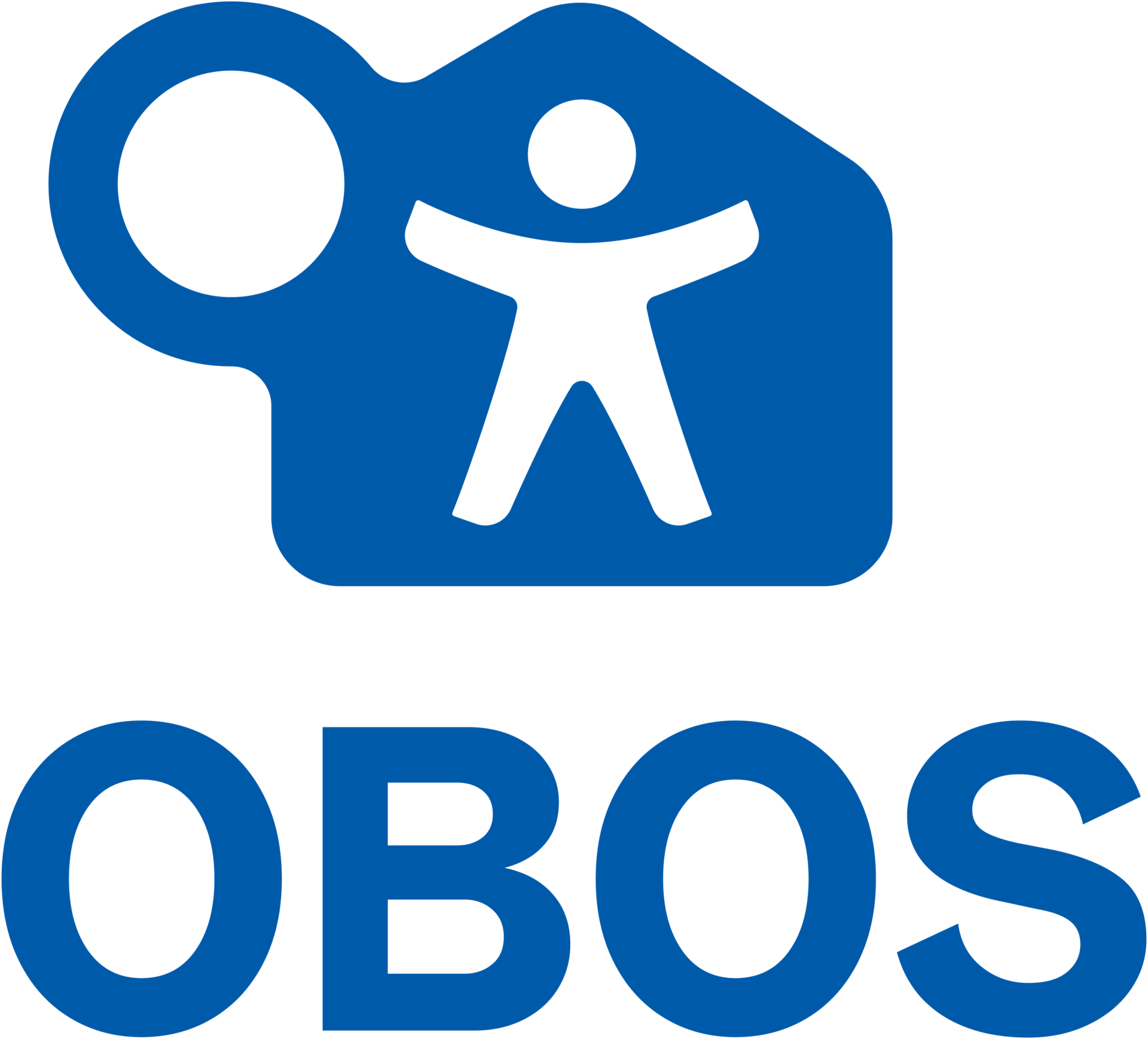 Blue OBOS logo with a person icon inside a tag shape, on a dark green background.