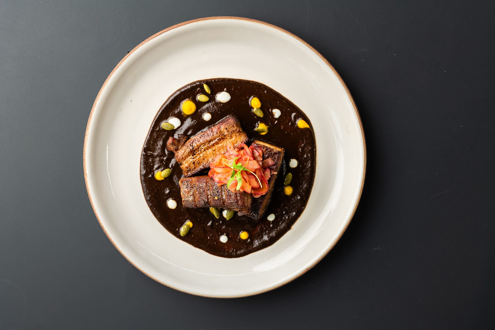 Crispy pork belly in a rich dark mole sauce, garnished with pickled onions and pumpkin seeds on a white plate.