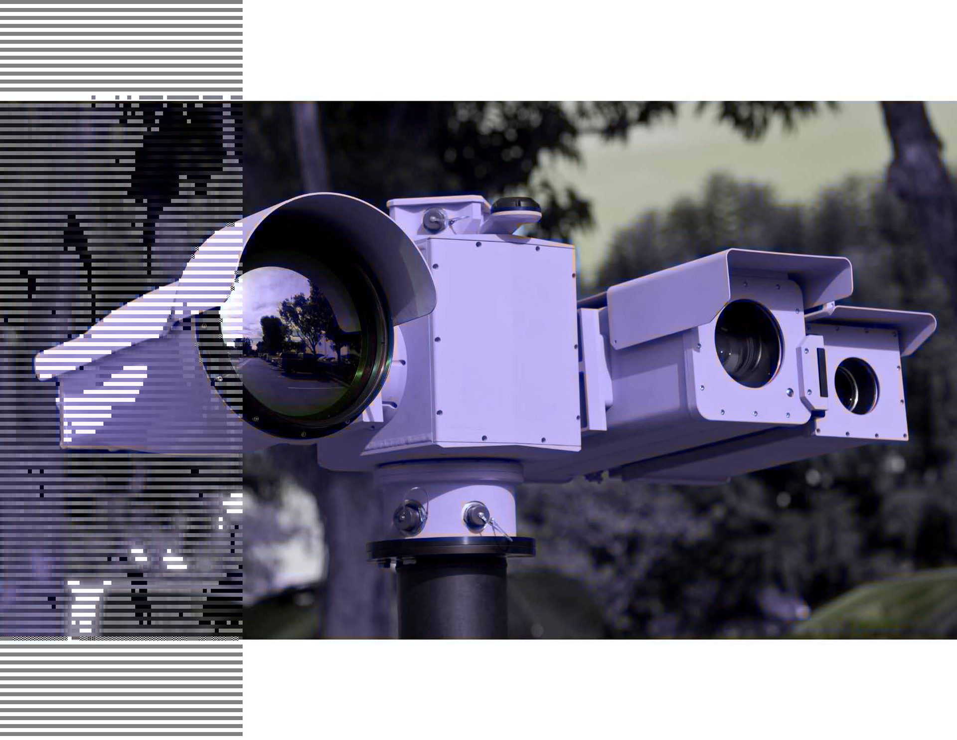 Digitally glitched, purple-tinted security camera system with multiple lenses.