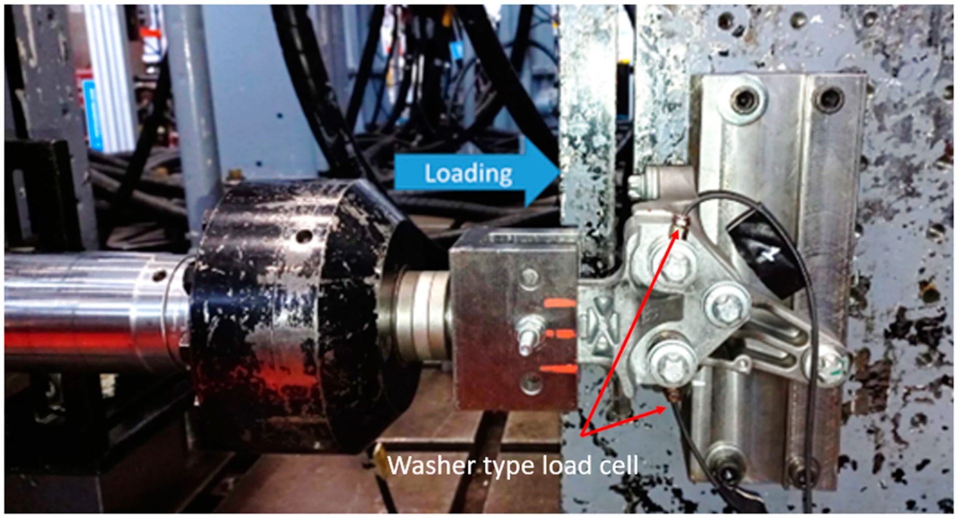 A mechanical testing setup showing a loading mechanism, a washer type load cell, and a metallic fixture.