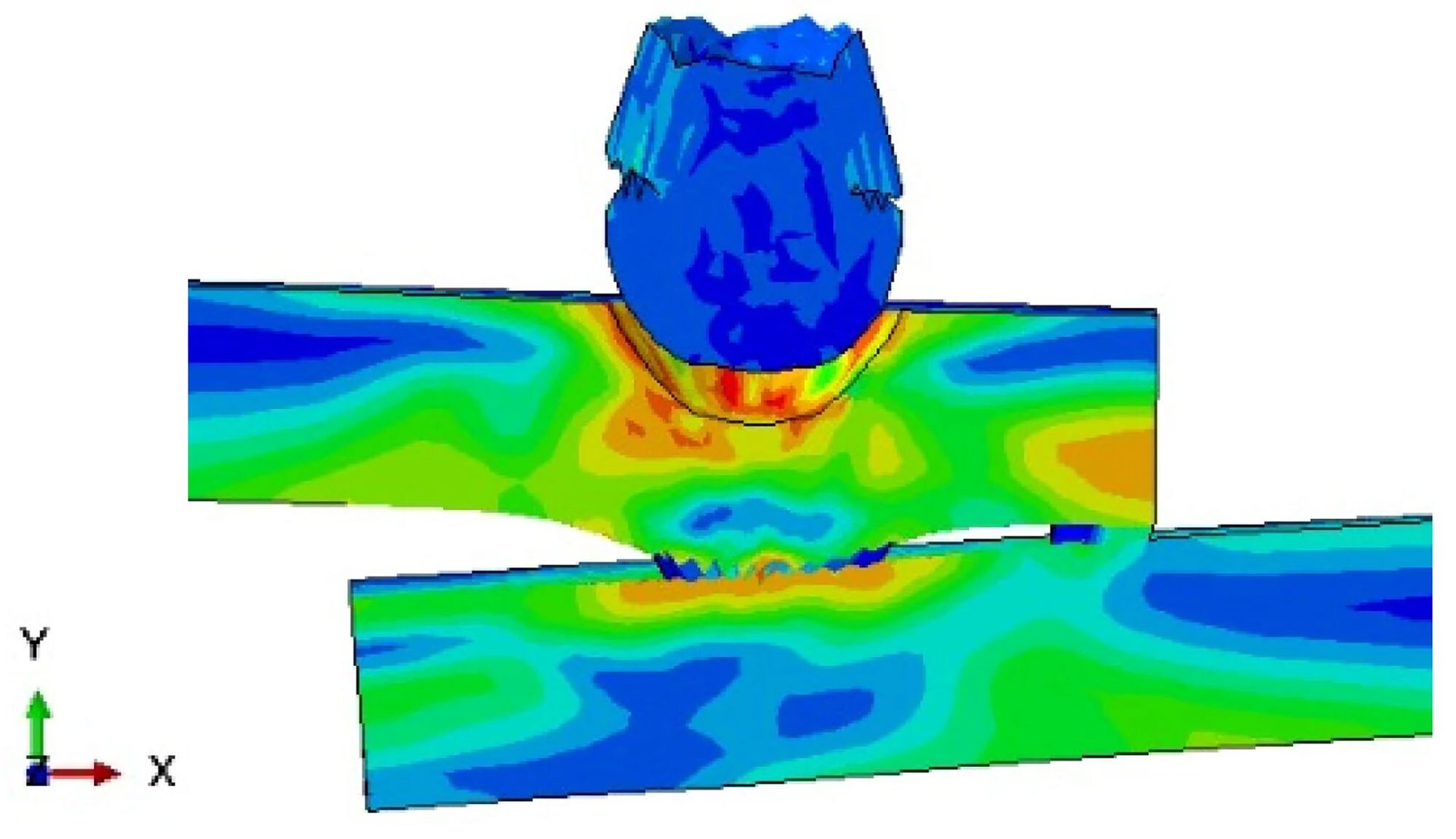 FEA simulation: blue impactor striking layered plates, displaying stress distribution and deformation.