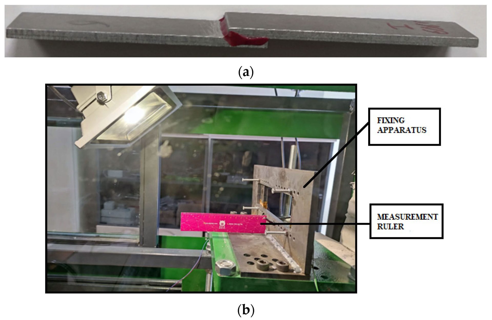 Experimental setup: (a) metal joint with red adhesive, (b) fixing apparatus with ruler.