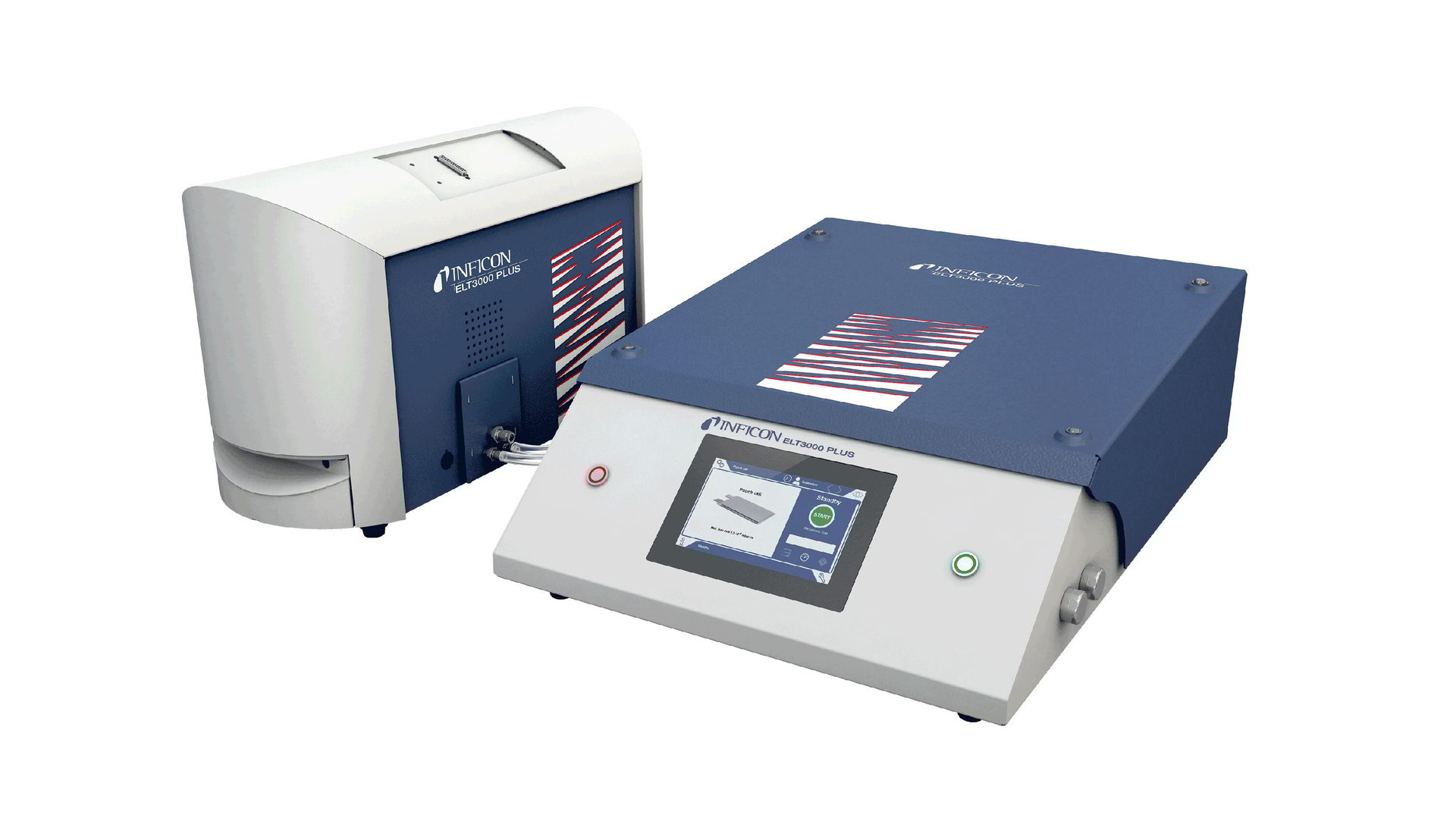 Two INFICON ELT3000 PLUS industrial leak detectors, one vertical and one horizontal with a screen.