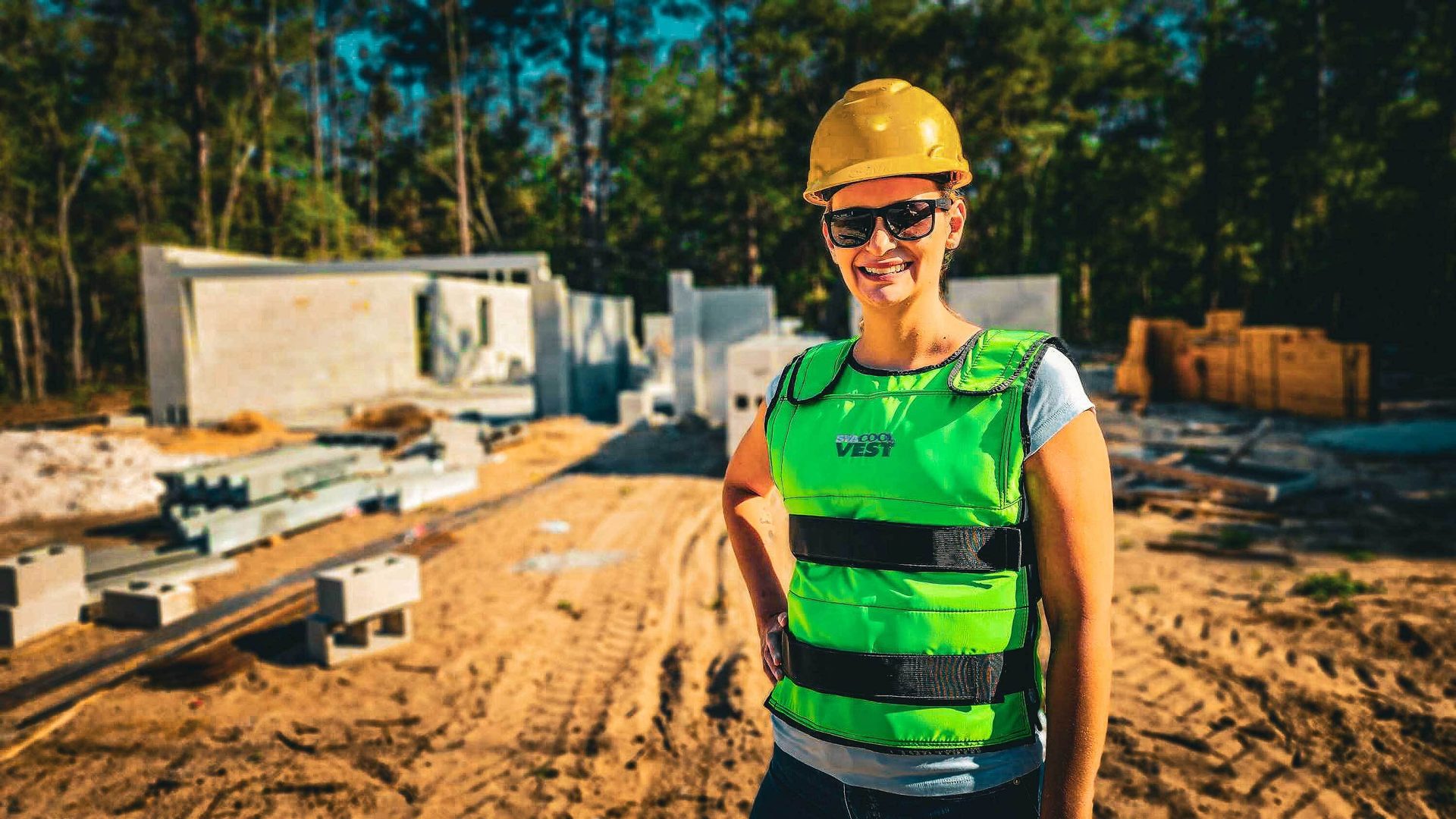 Hard hat, High-visibility clothing, Glasses, Smile, Helmet, Sunglasses, Workwear, Goggles, Plant, Tree