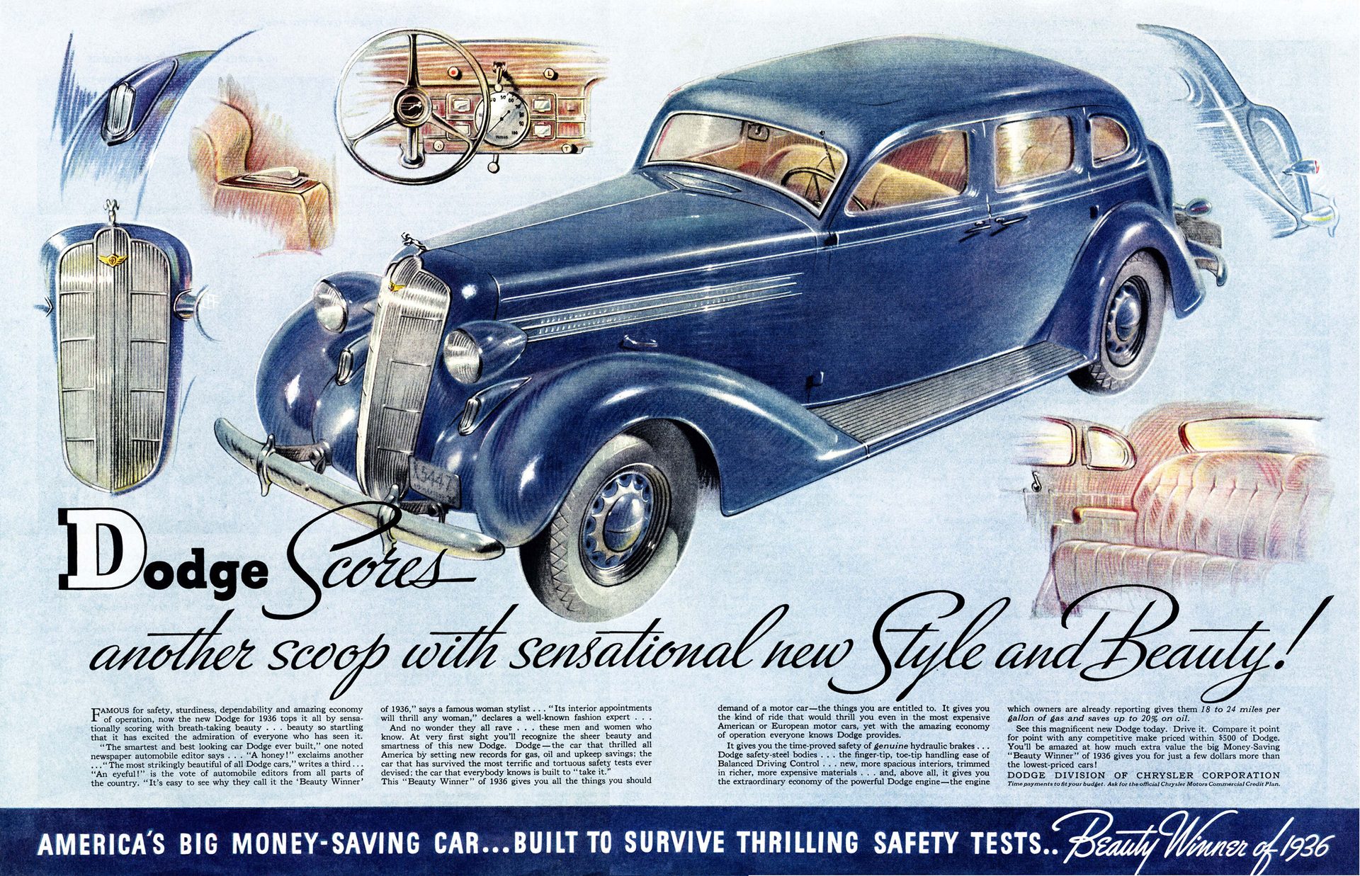 Vintage ad for a 1936 blue Dodge car, with text praising its style, safety, and economy.