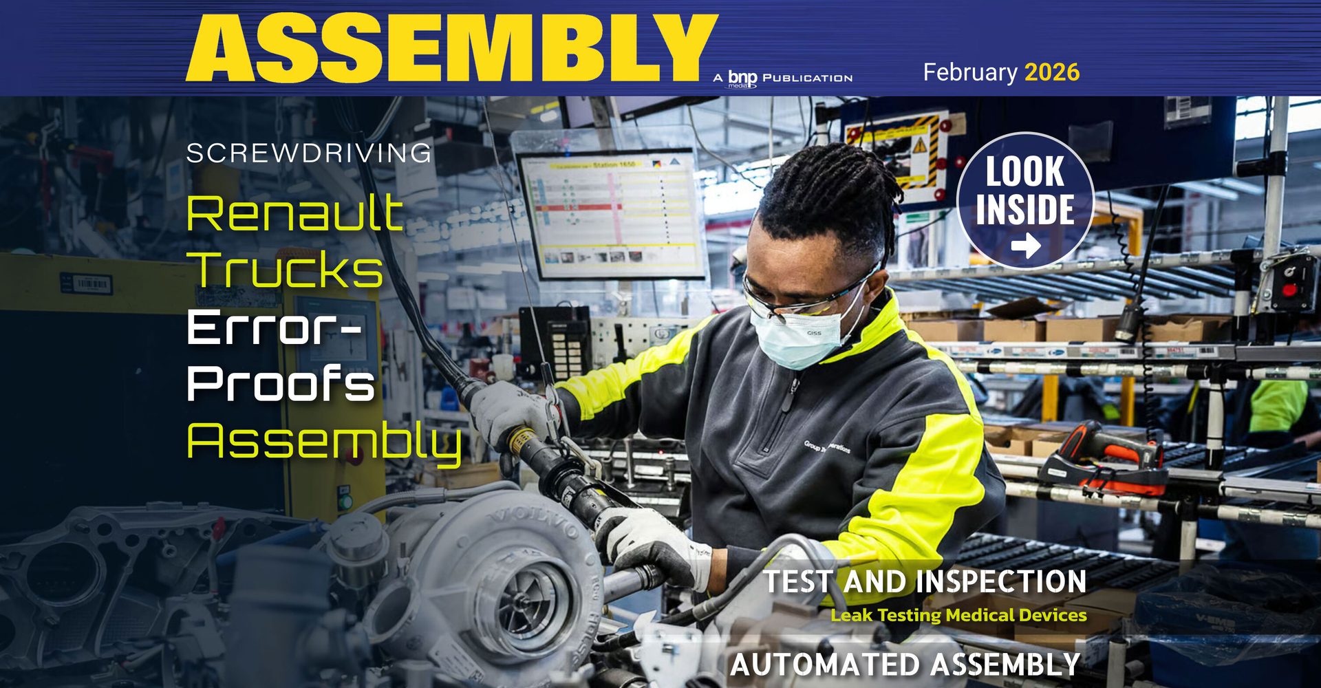 ASSEMBLY magazine cover, Feb 2026: worker, Renault Trucks assembly, Test & Inspection, Automated Assembly.