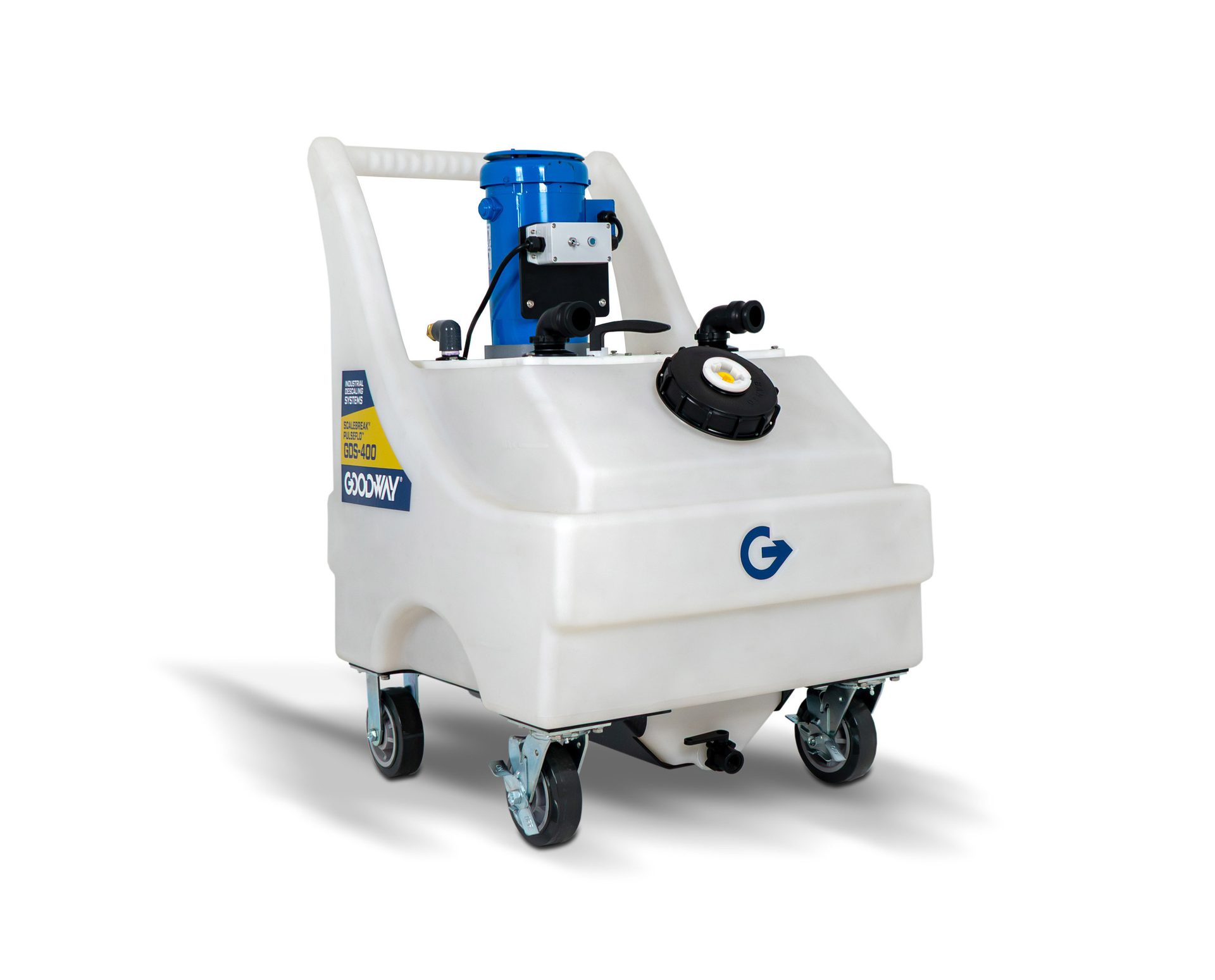 White wheeled industrial descaling system with a blue motor, "Goodway GDS-400".