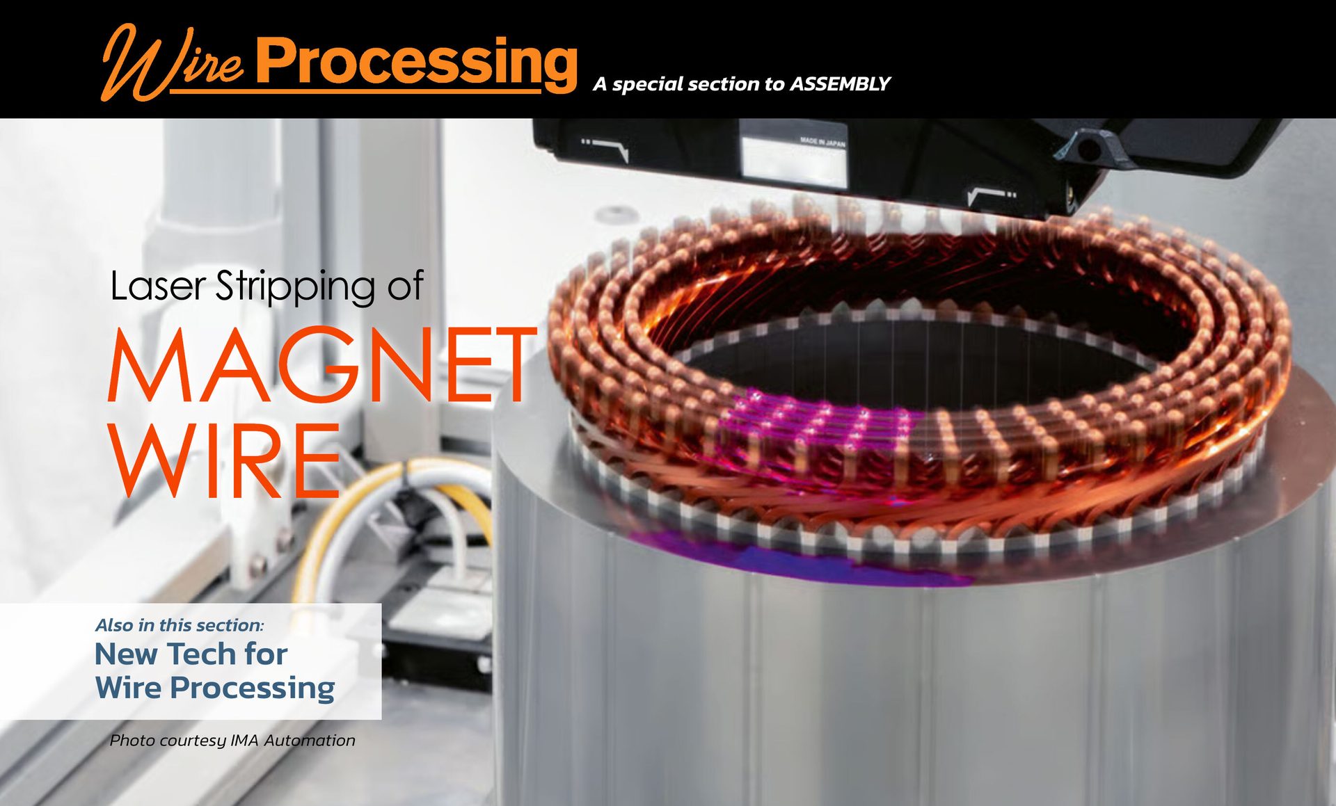 Machine laser stripping magnet wire, highlighted by purple light. Text: Wire Processing.