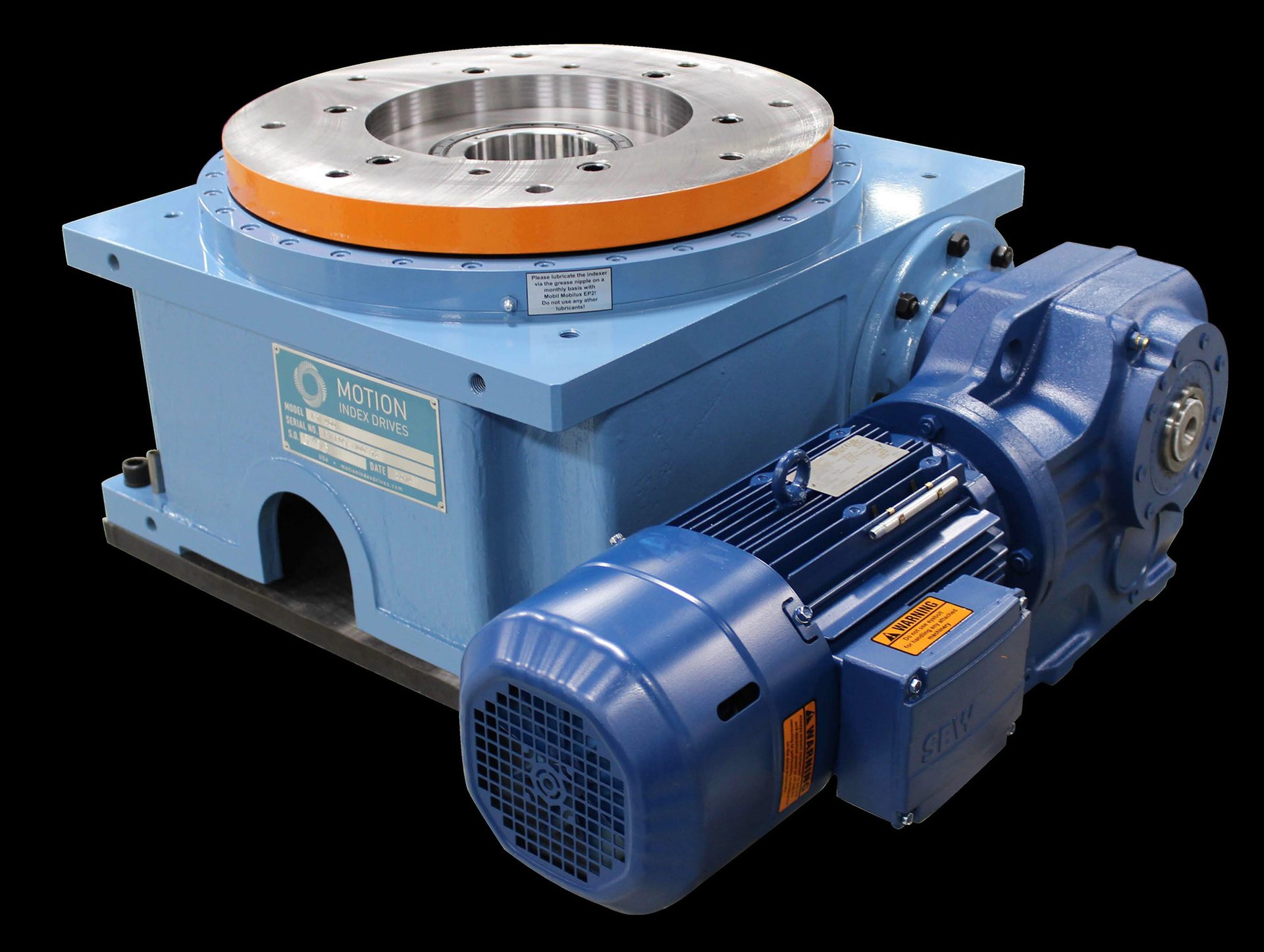 Light blue industrial indexing drive with an orange top ring and attached blue electric motor.