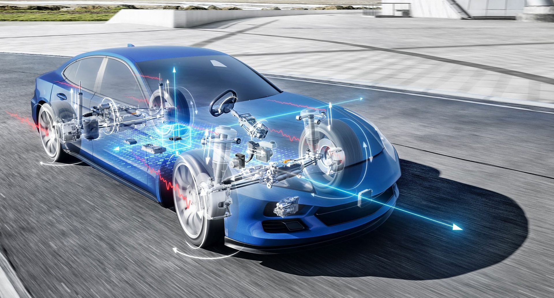 Transparent view of a blue car showing internal systems, data flow, and movement.