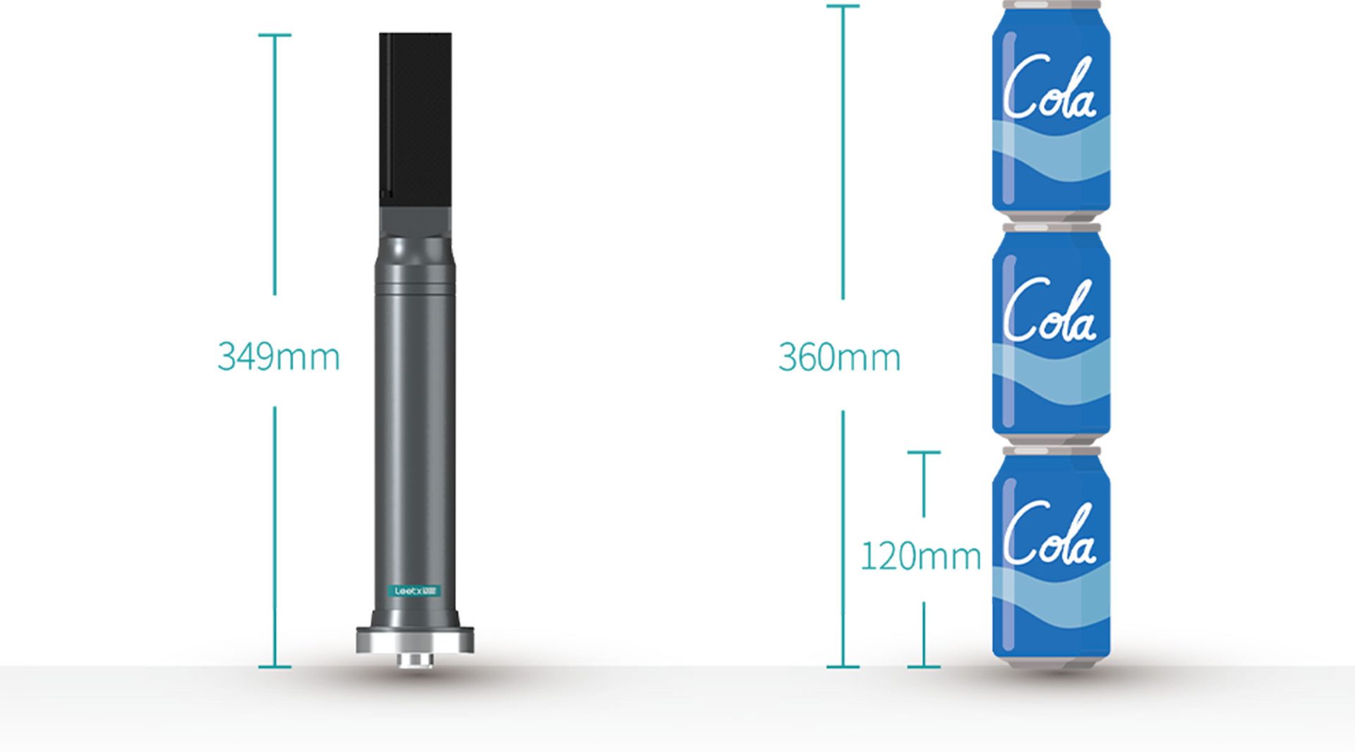 349mm cylindrical object beside three 120mm cola cans, totaling 360mm when stacked.