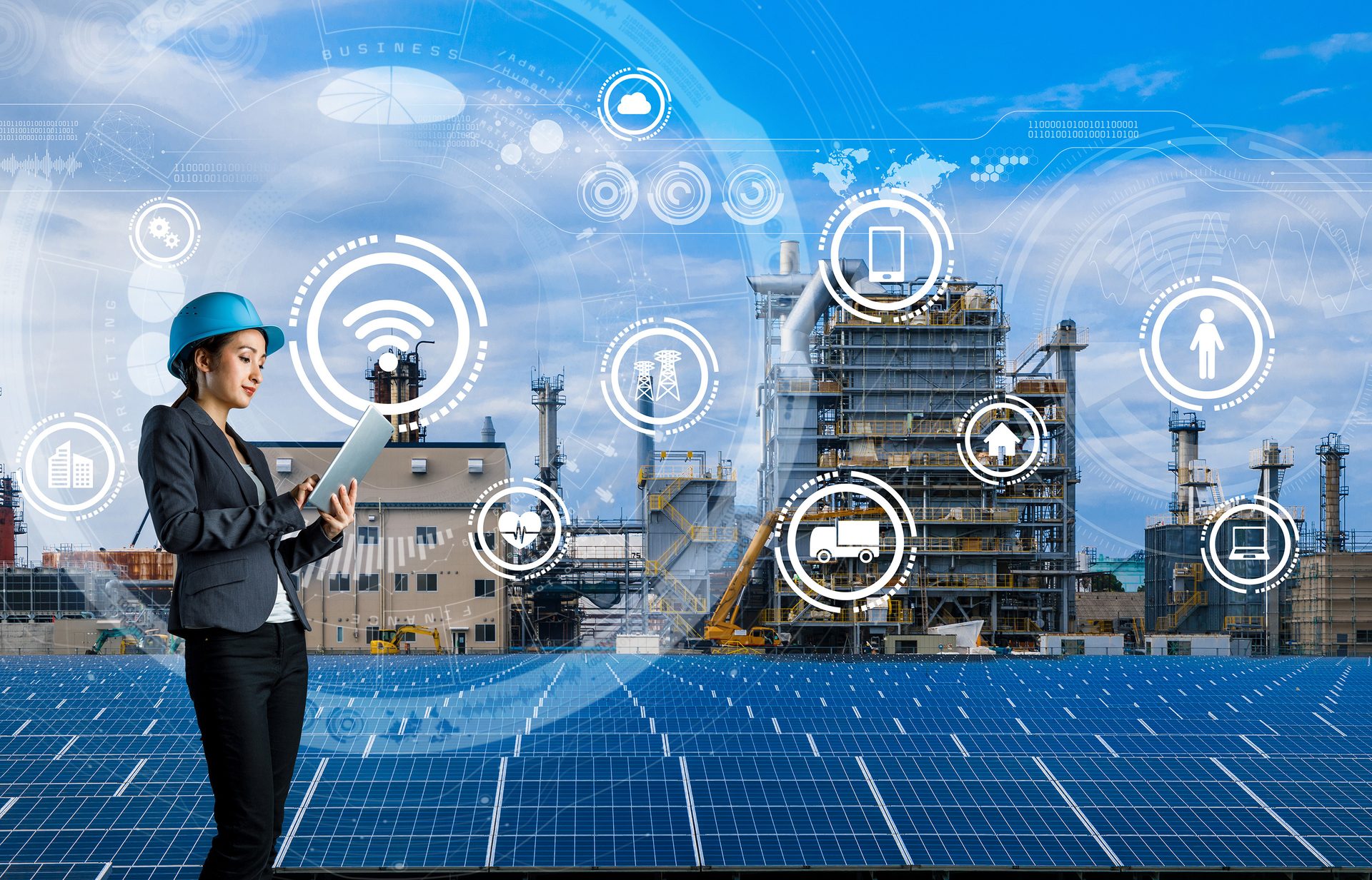 Engineer with tablet, solar panels, industrial plant, smart tech overlay.