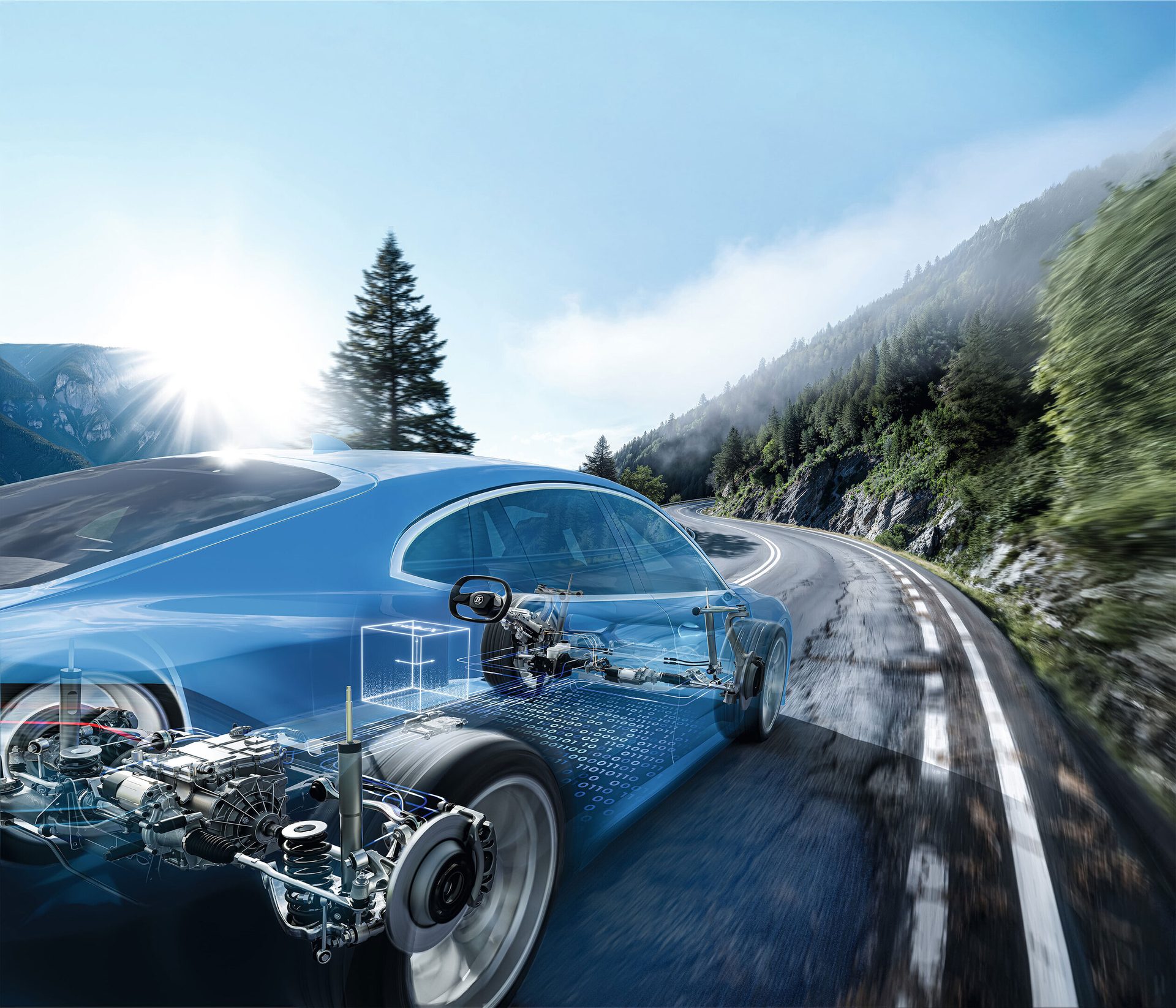 Translucent blue car on a mountain road, revealing internal mechanics and digital data overlay.