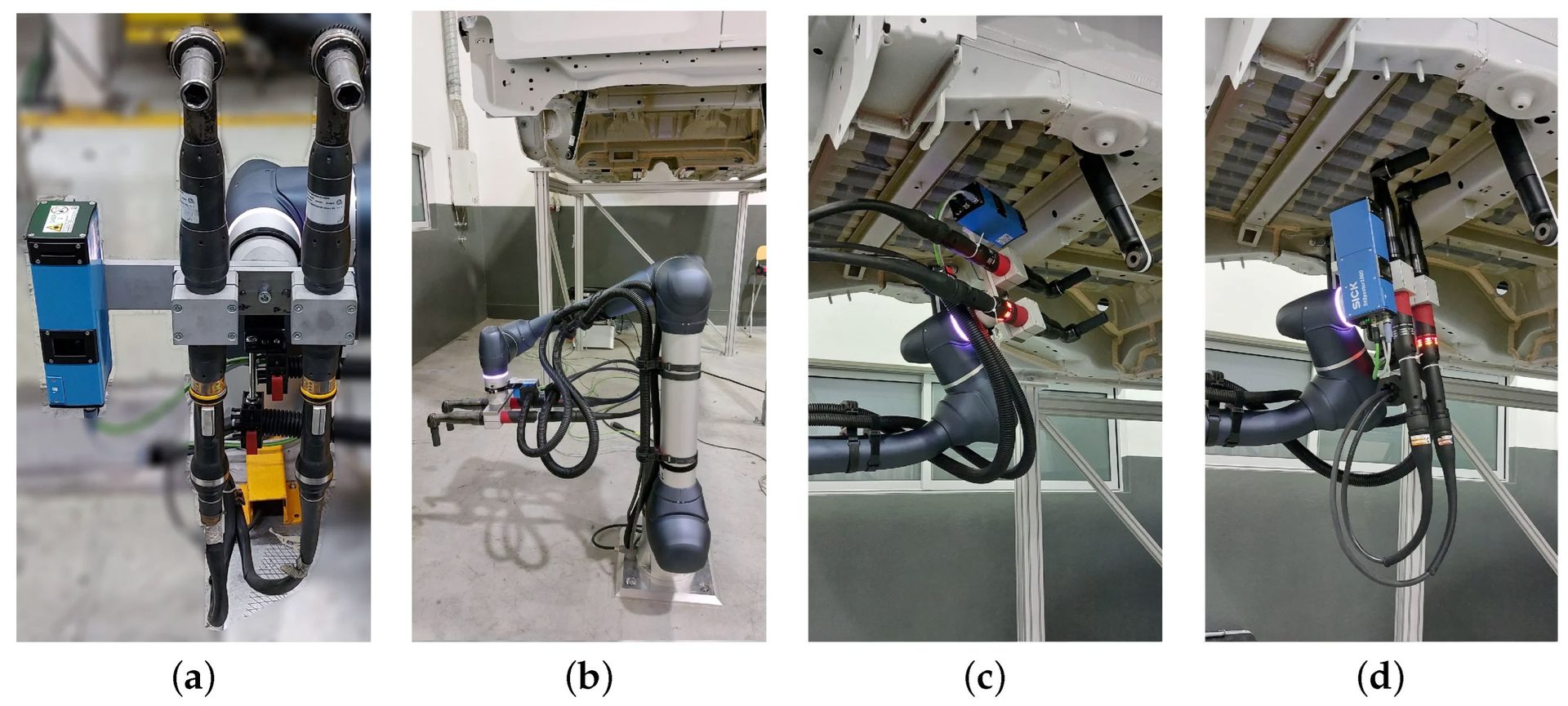 Four views of a robotic arm equipped with sensors and tools inspecting the underbody of a car chassis.