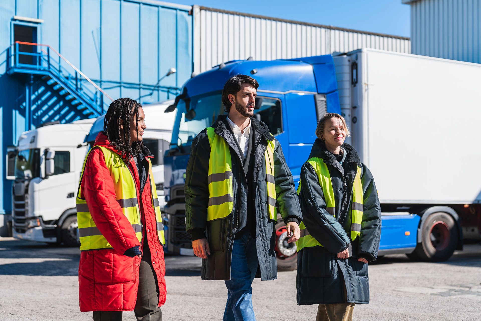 Three logistics workers wearing reflective vests and warm coats stand near trucks at a depot.