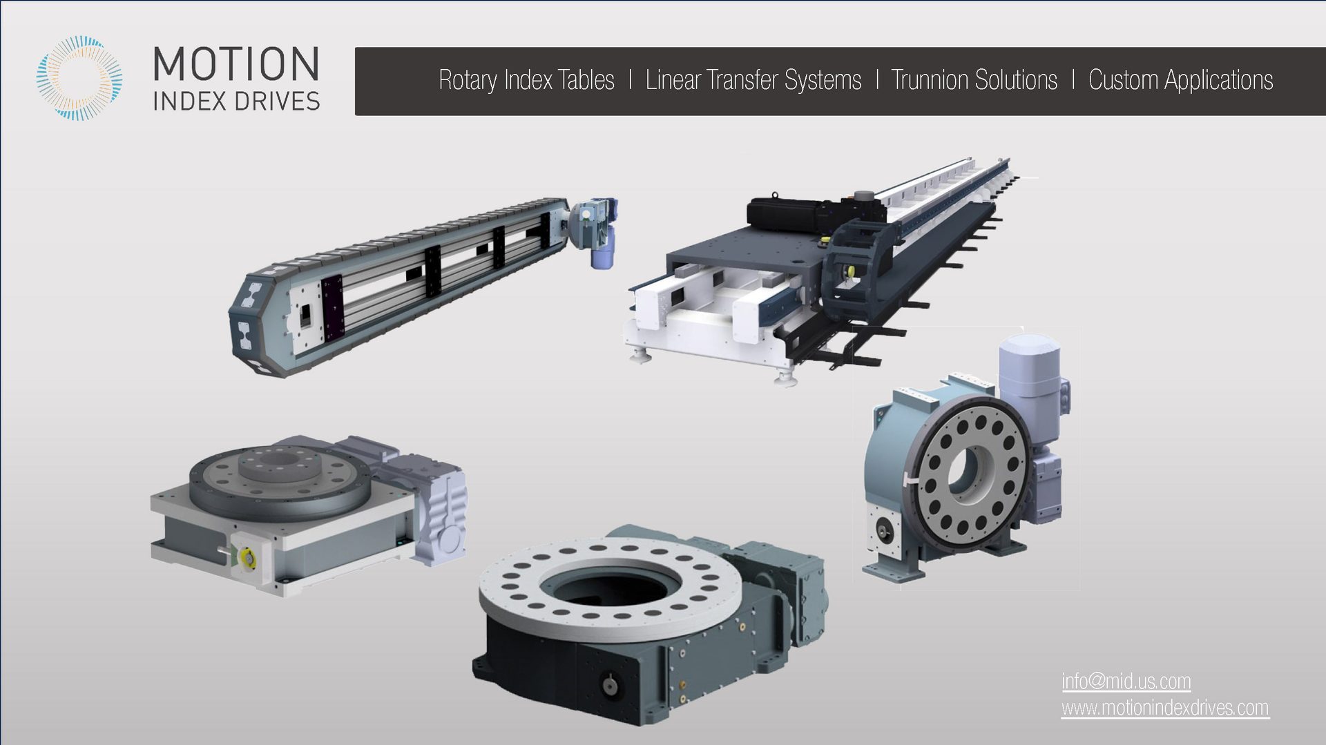 Motion Index Drives products: rotary tables, linear transfer systems, trunnion solutions.