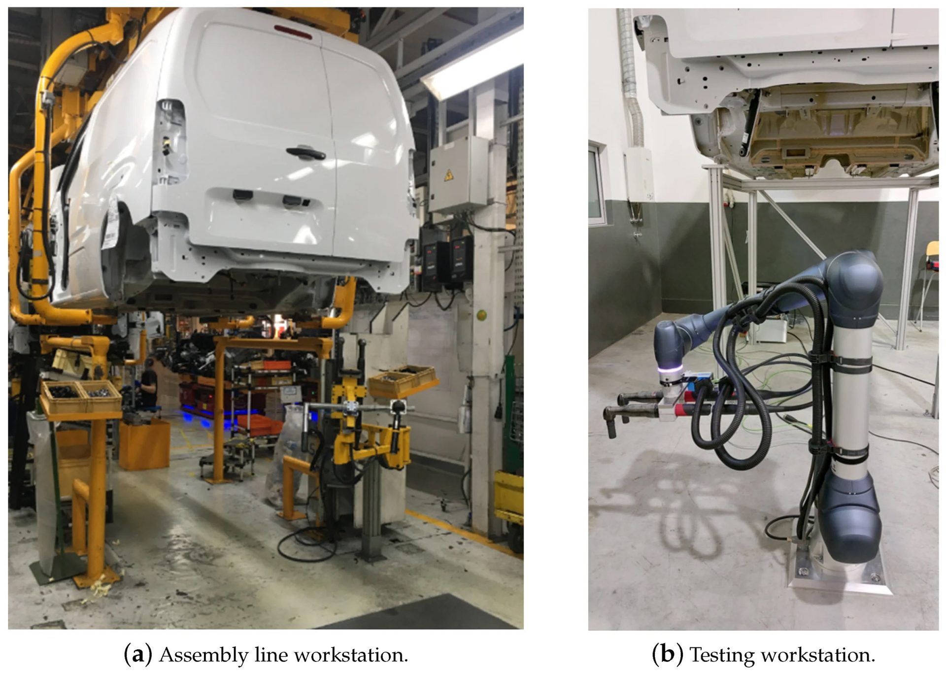 Two industrial scenes: a white van body on an assembly line and a robotic arm testing a vehicle chassis.